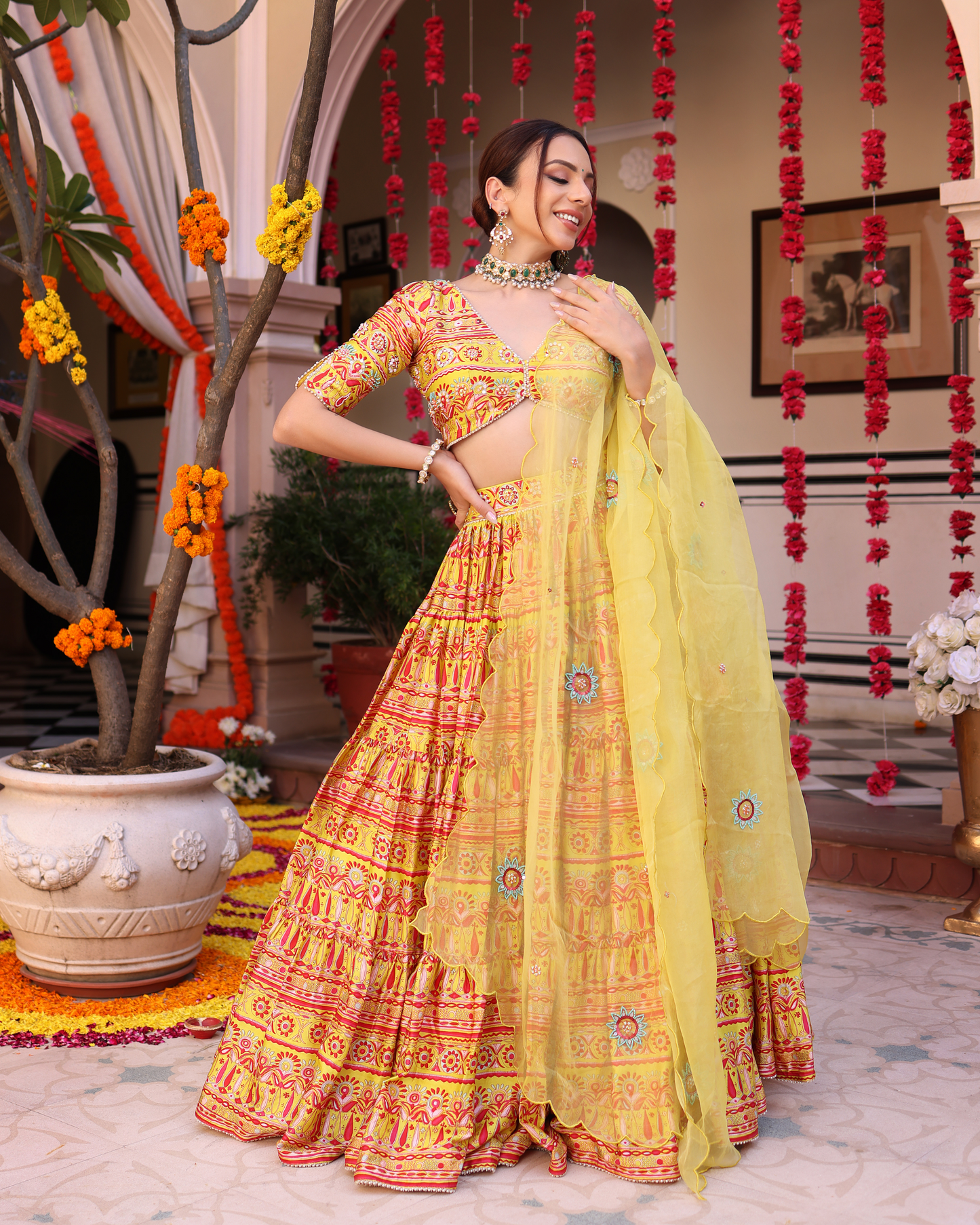 Sunshine Blooms Yellow Printed Satin Lehenga Set Quick Cart