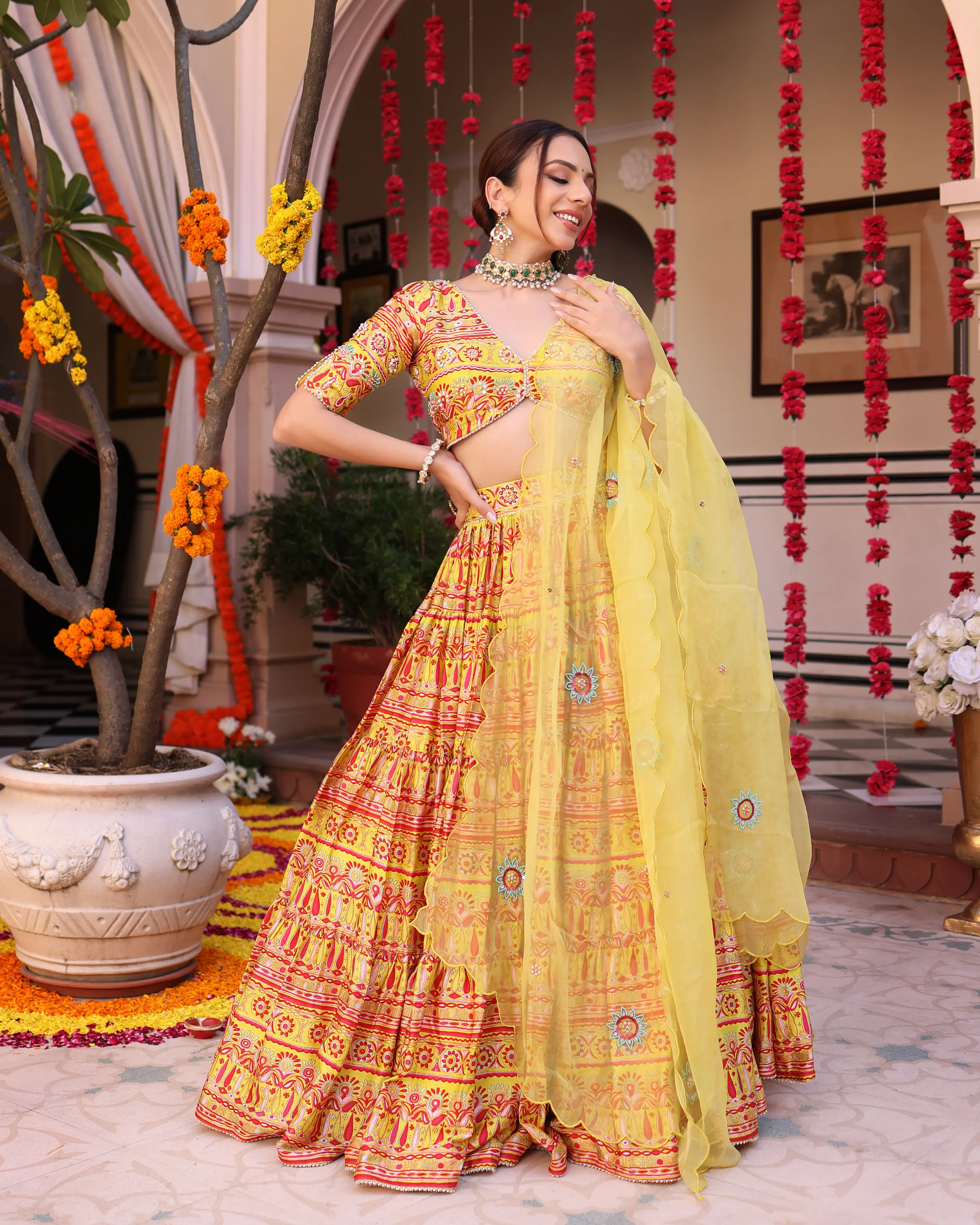 Sunshine Blooms Yellow Printed Satin Lehenga Set My Store