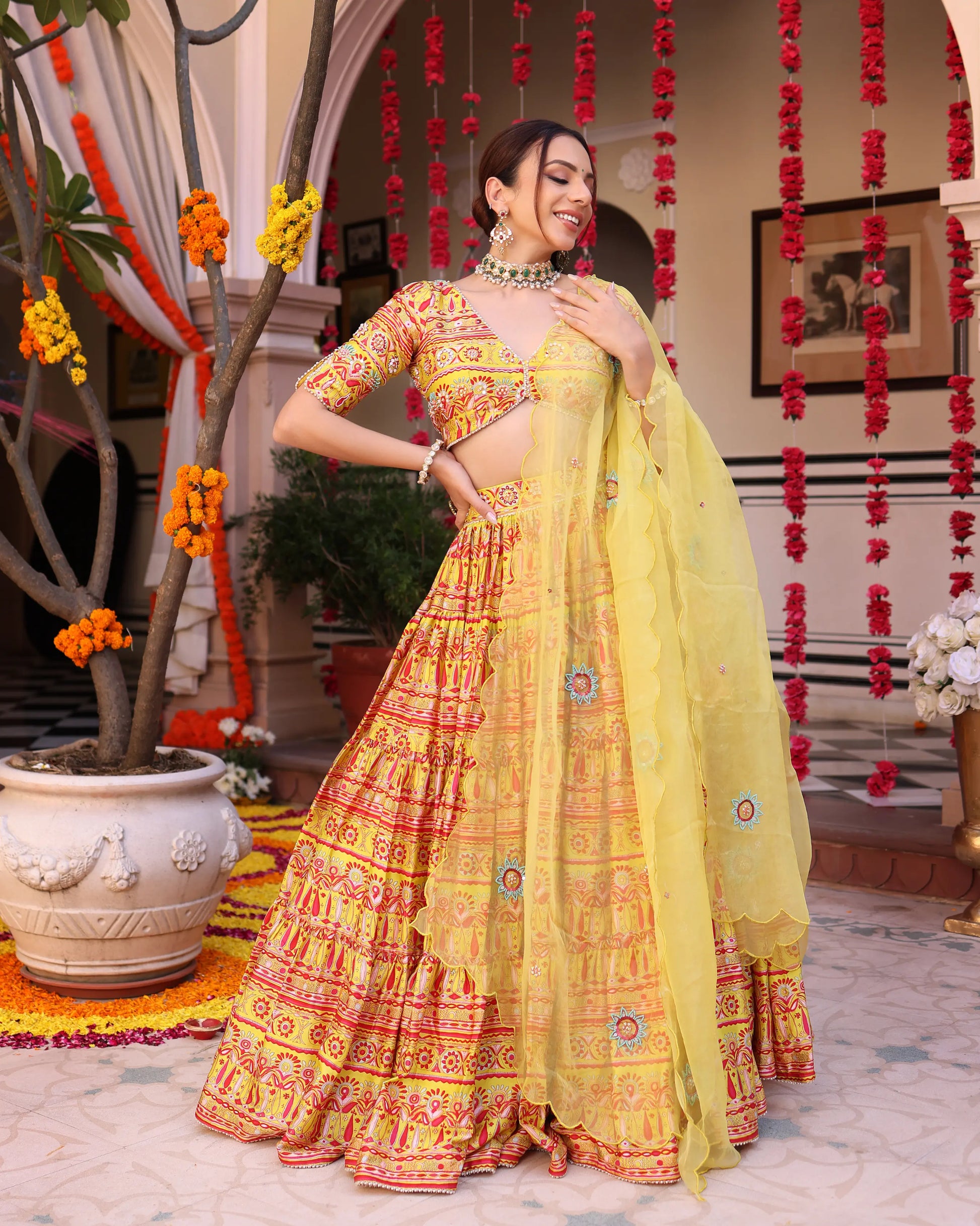 Sunshine Blooms Yellow Printed Satin Lehenga Set My Store