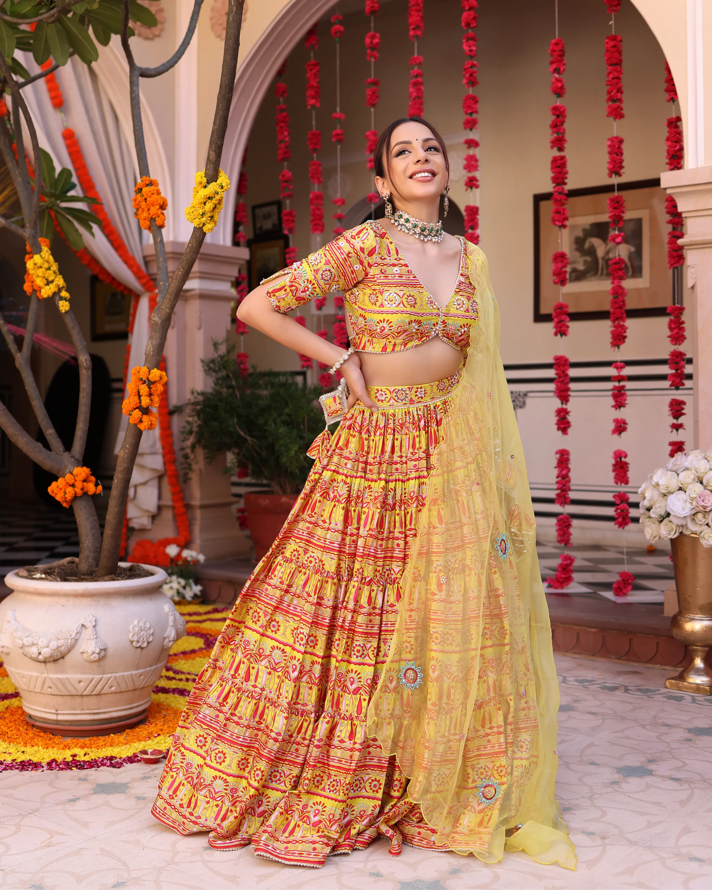 Sunshine Blooms Yellow Printed Satin Lehenga Set My Store