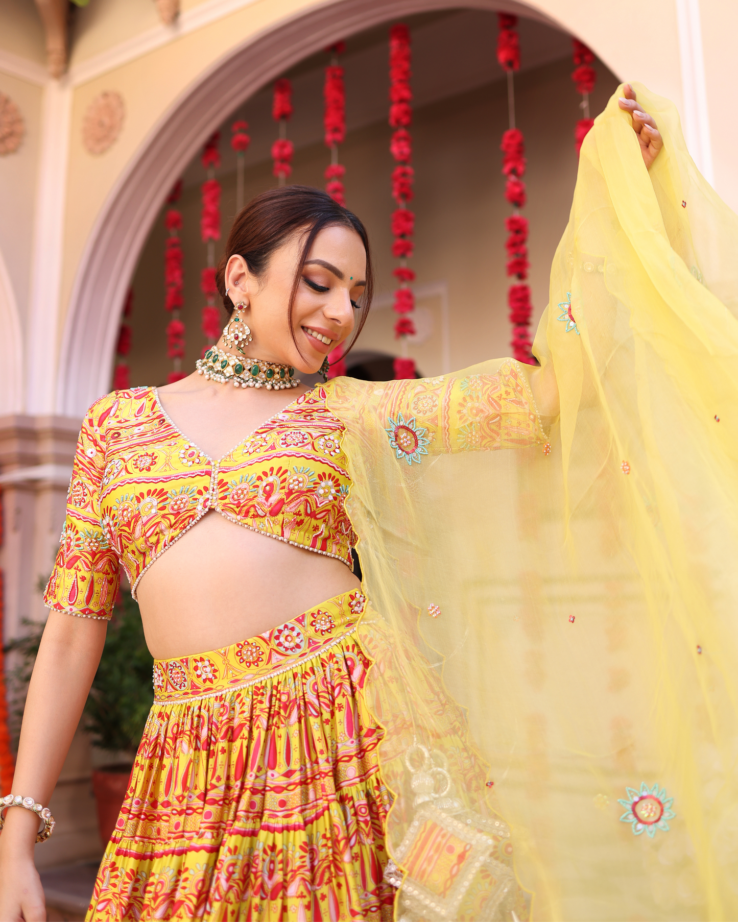 Sunshine Blooms Yellow Printed Satin Lehenga Set Quick Cart
