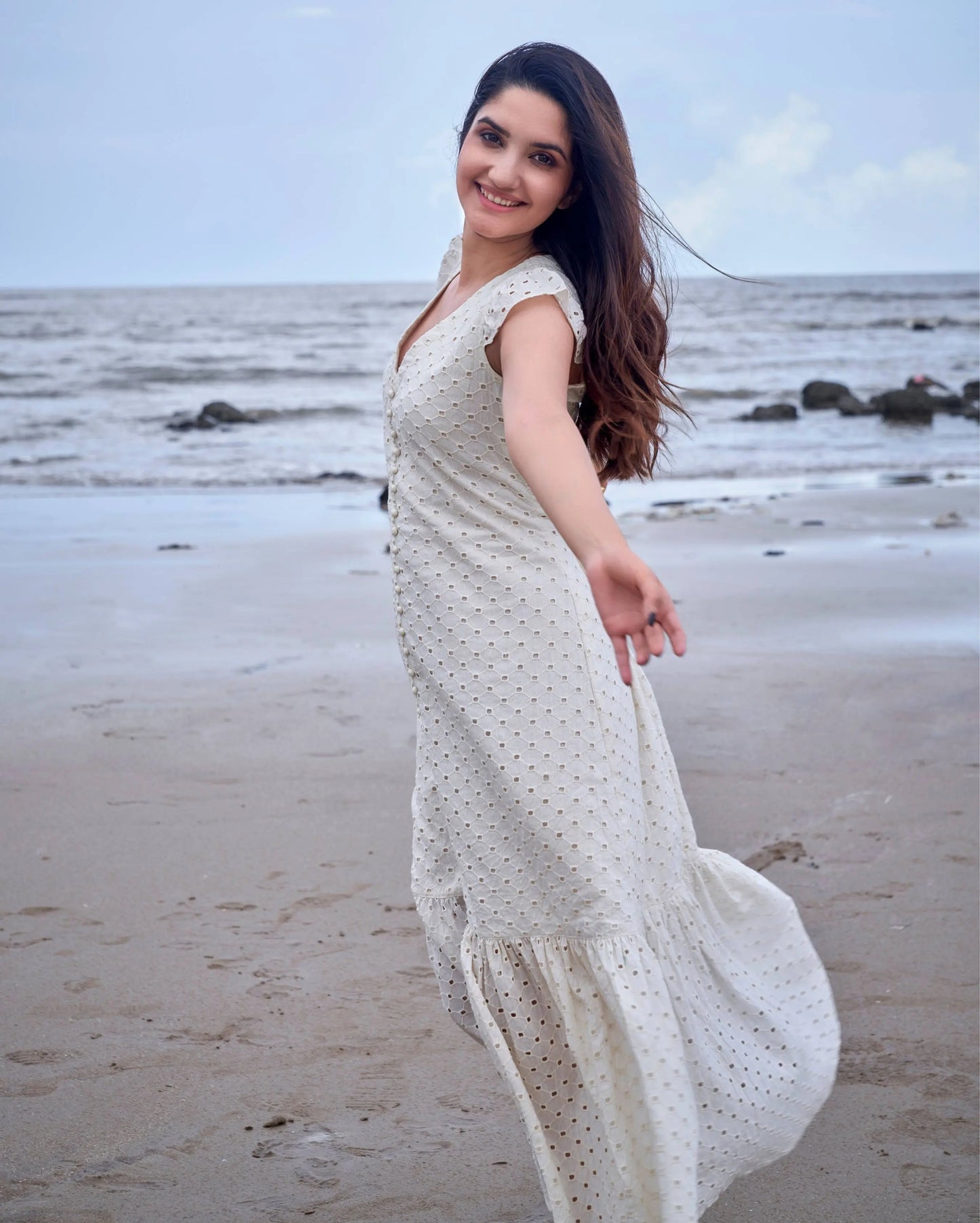 Parakeet White Solid Cotton Schiffli Dress My Store