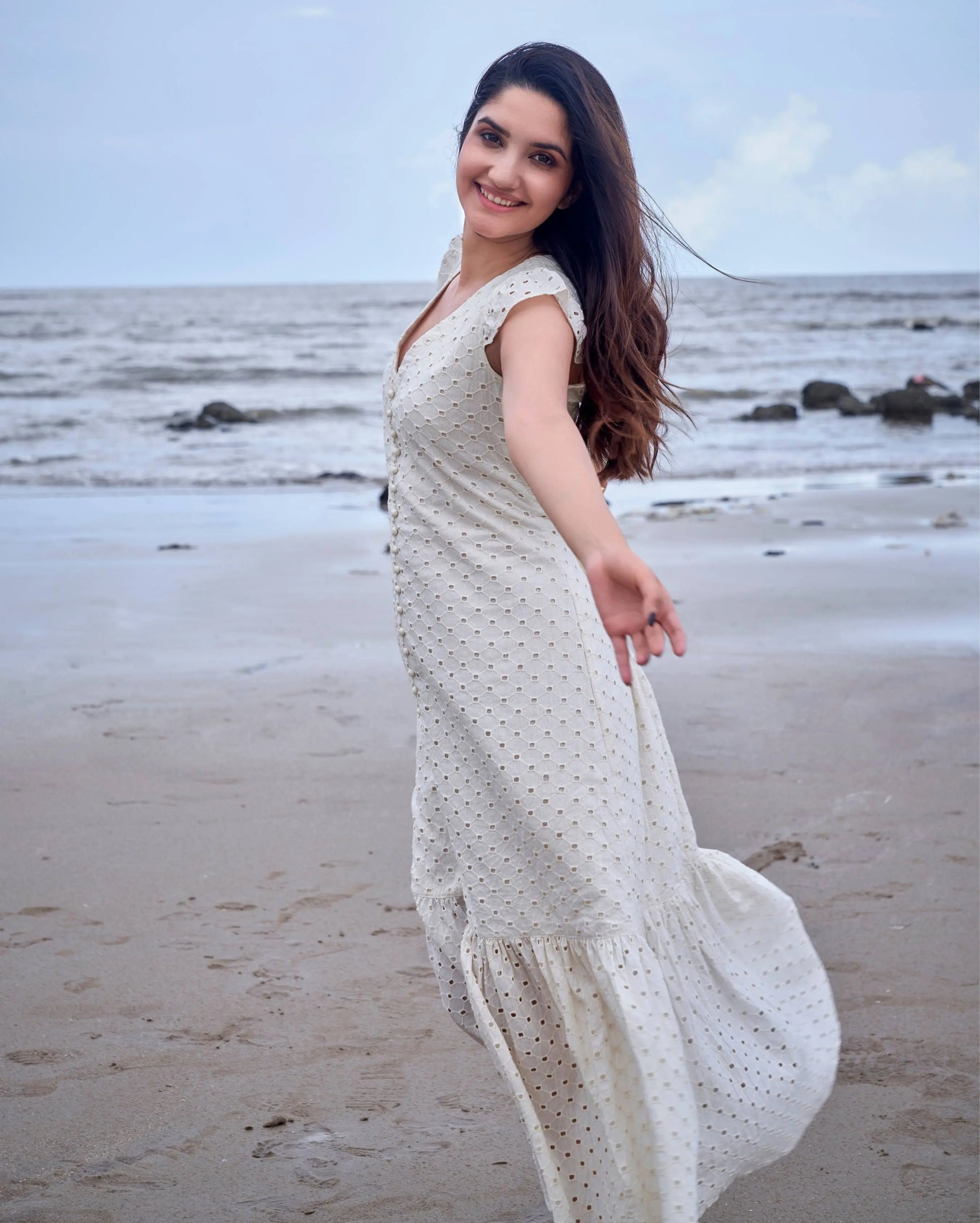 Parakeet White Solid Cotton Schiffli Dress My Store