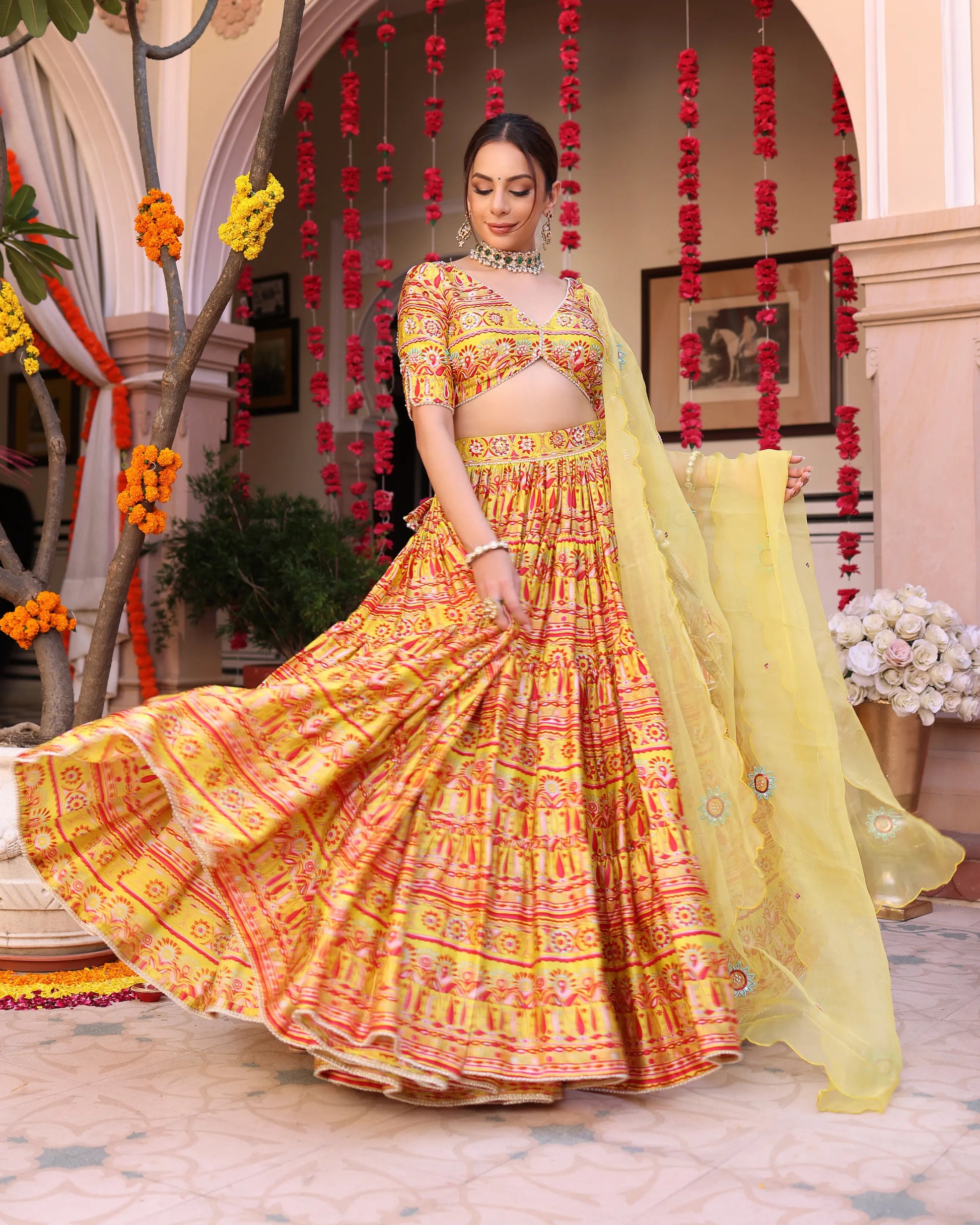 Sunshine Blooms Yellow Printed Satin Lehenga Set My Store