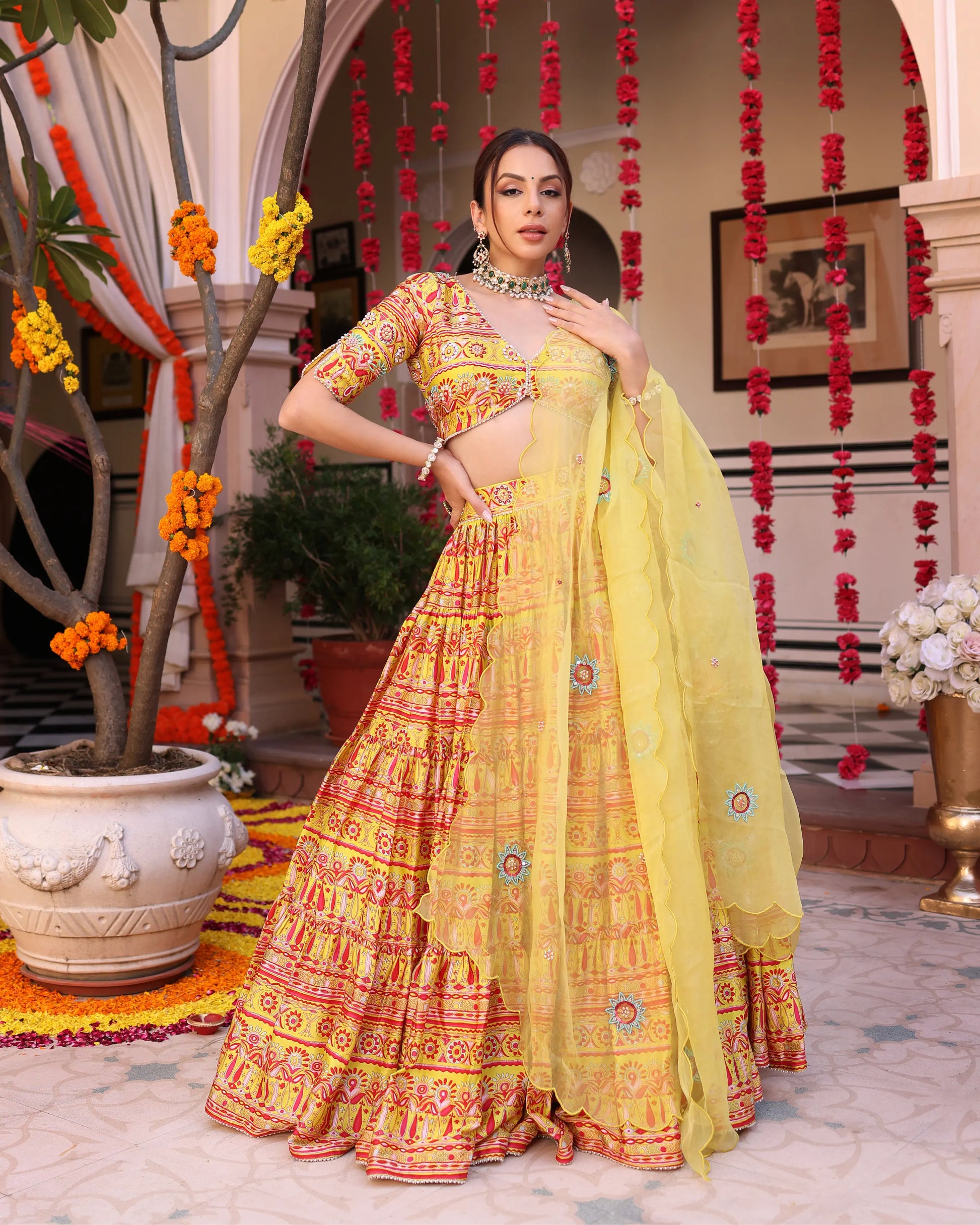Sunshine Blooms Yellow Printed Satin Lehenga Set My Store