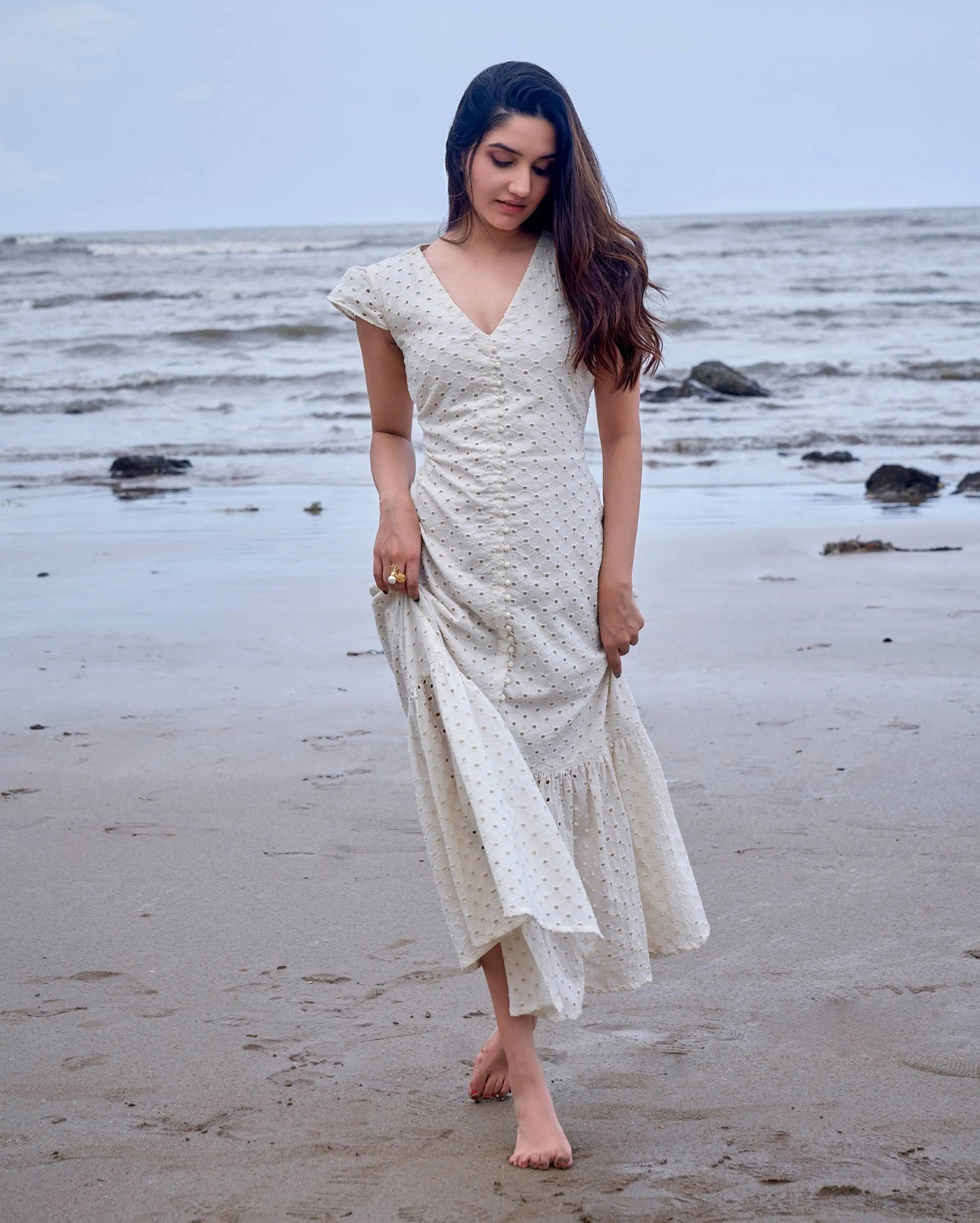 Parakeet White Solid Cotton Schiffli Dress My Store