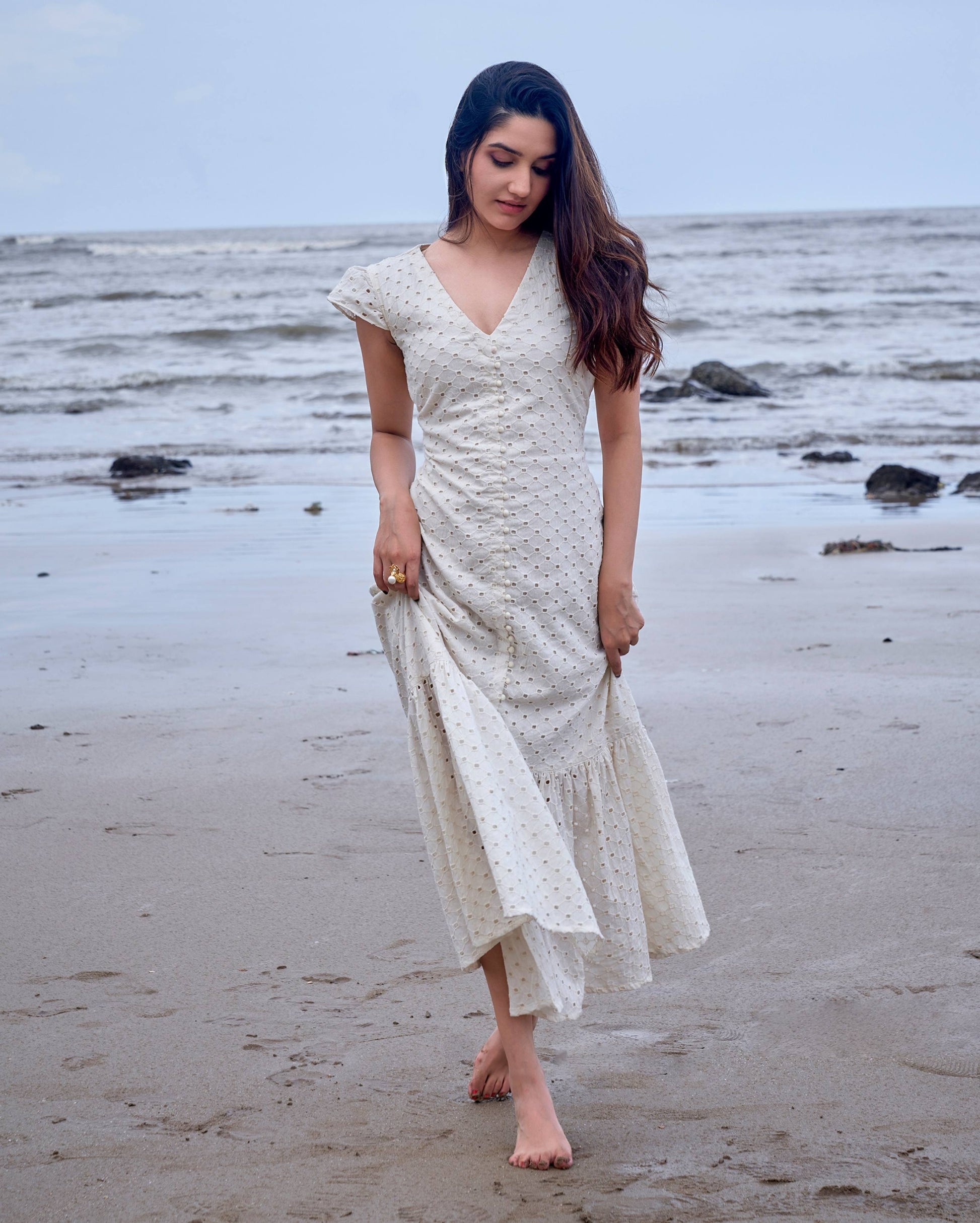 Parakeet White Solid Cotton Schiffli Dress Quick Cart