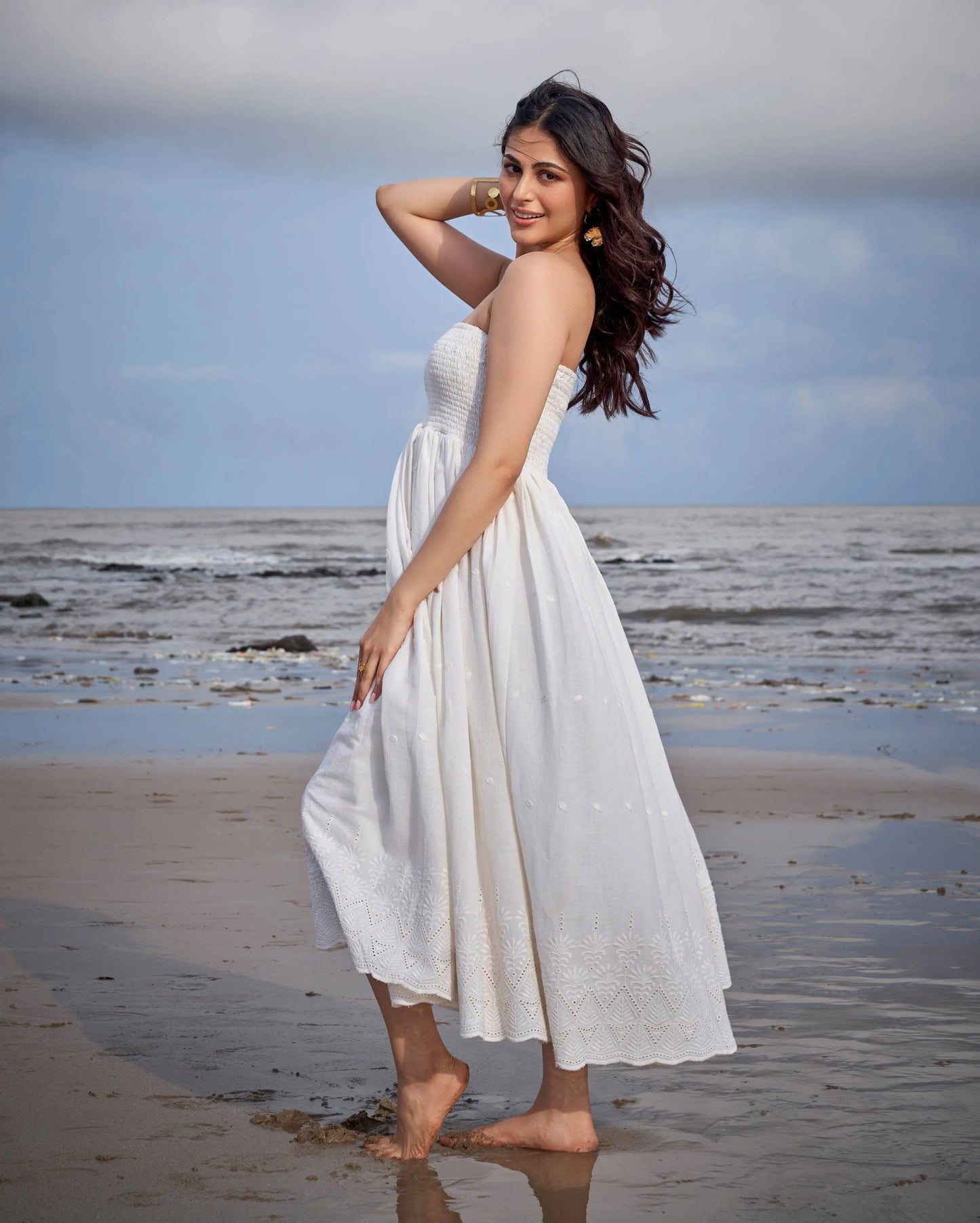 Swallow Off White Solid Cotton Schiffli Dress My Store