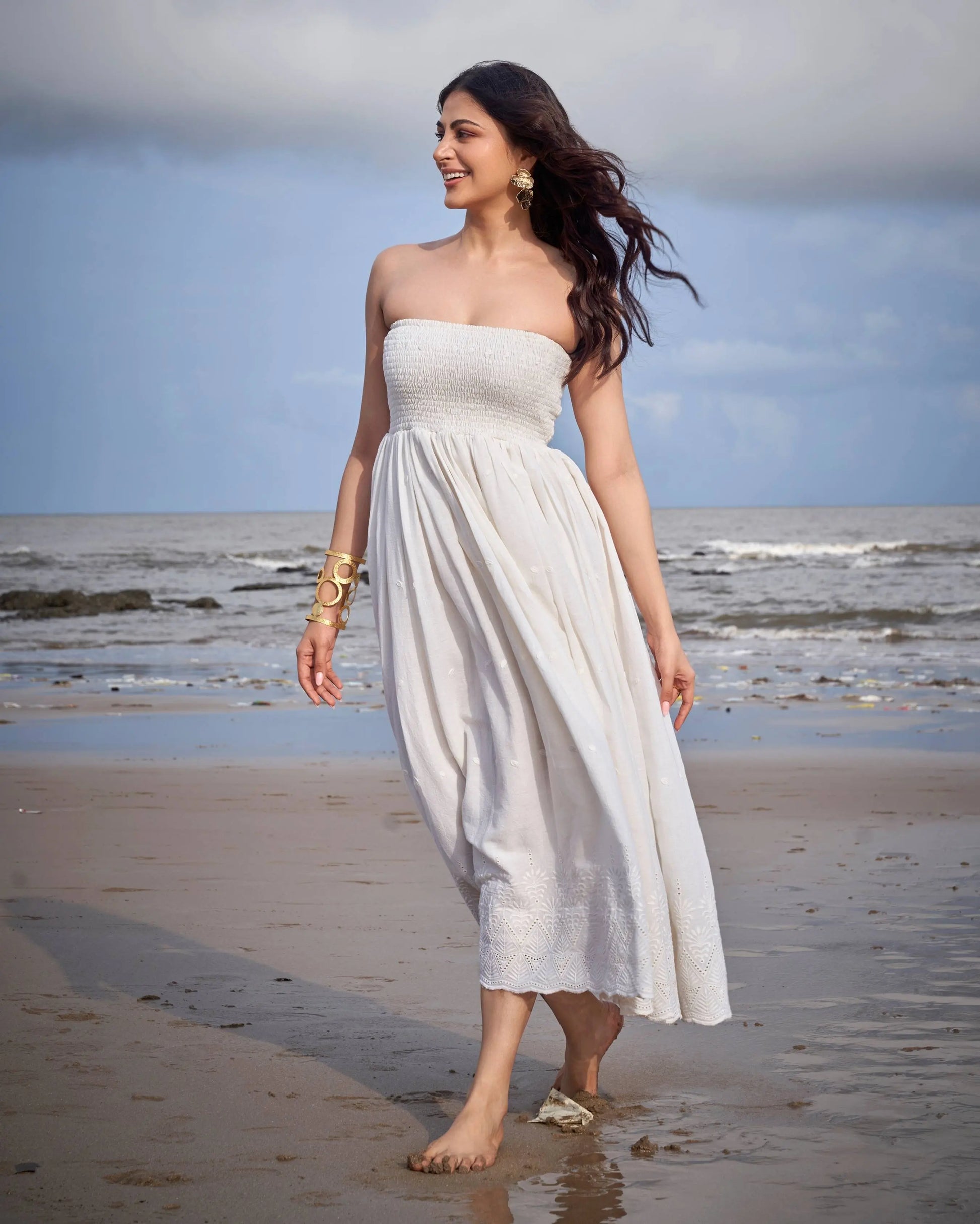 Swallow Off White Solid Cotton Schiffli Dress My Store