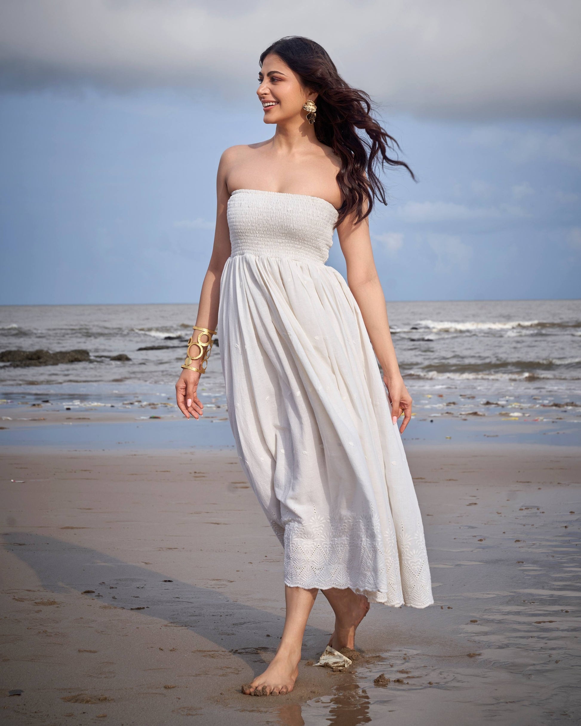 Swallow Off White Solid Cotton Schiffli Dress Quick Cart