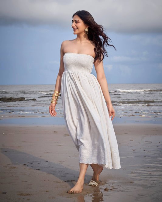 Swallow Off White Solid Cotton Schiffli Dress Quick Cart