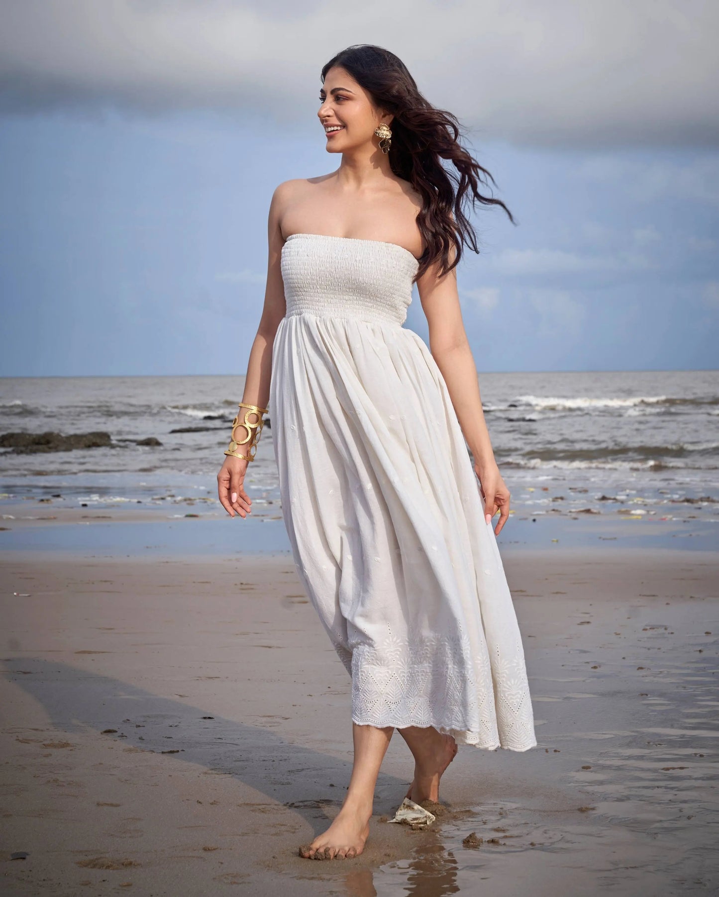 Swallow Off White Solid Cotton Schiffli Dress My Store