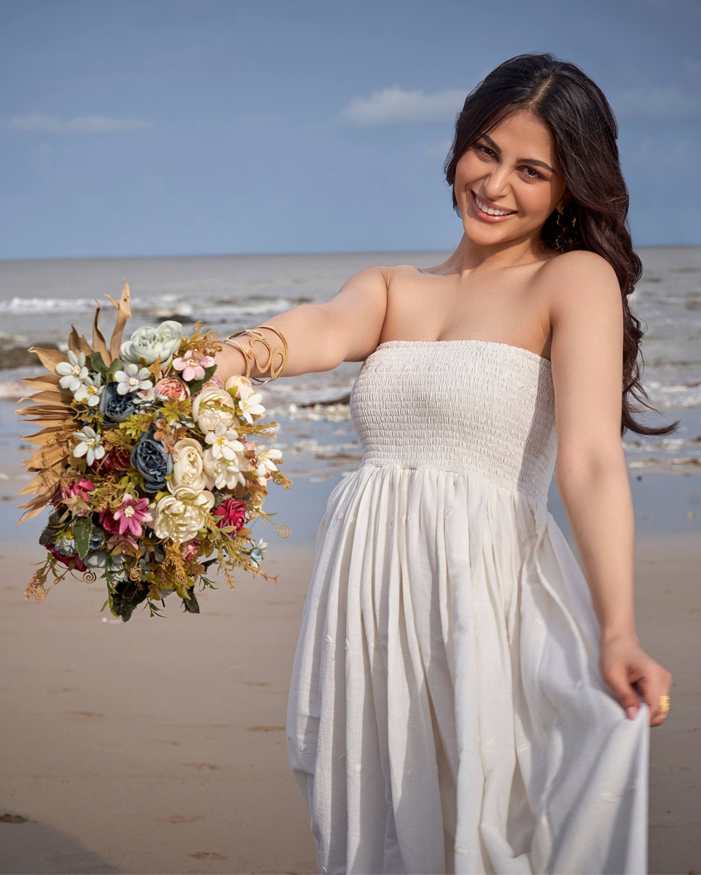 Swallow Off White Solid Cotton Schiffli Dress Quick Cart