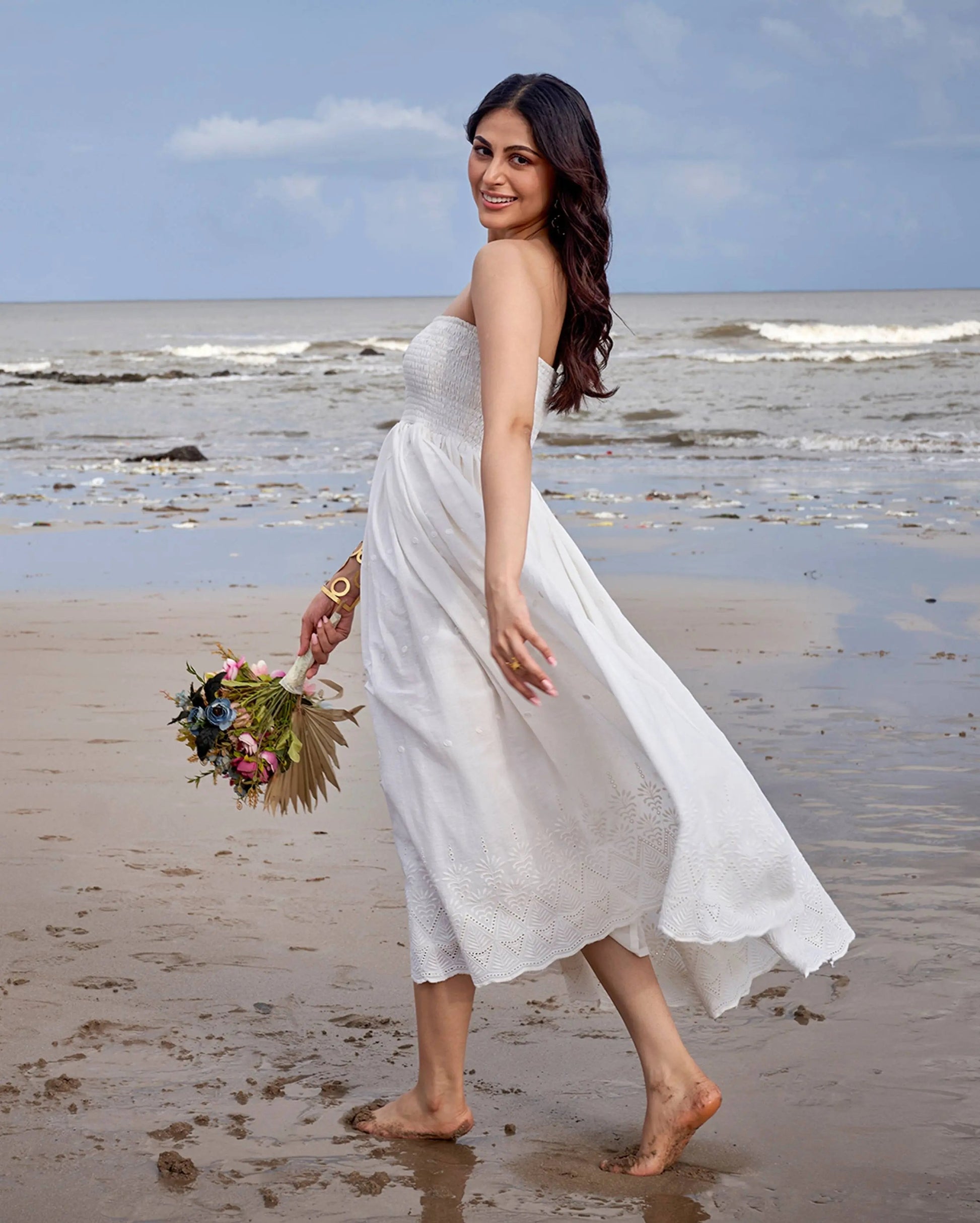 Swallow Off White Solid Cotton Schiffli Dress My Store