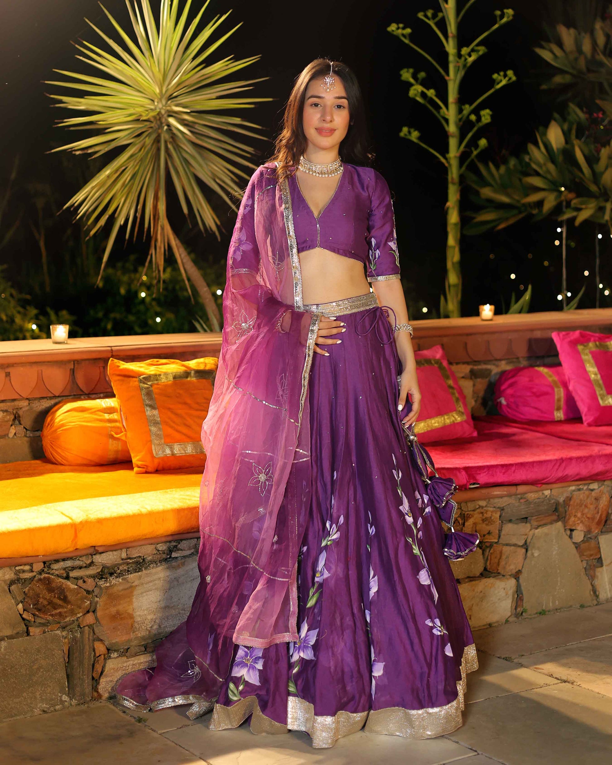 Purple Whisper Handpainted Chanderi Lehenga Set My Store