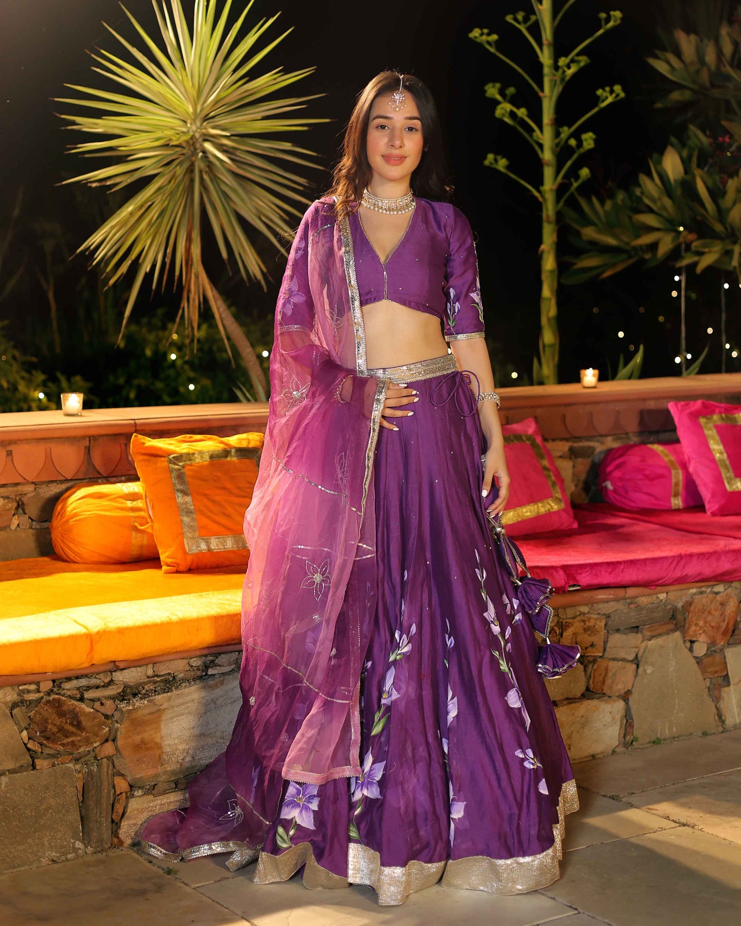 Purple Whisper Handpainted Chanderi Lehenga Set My Store
