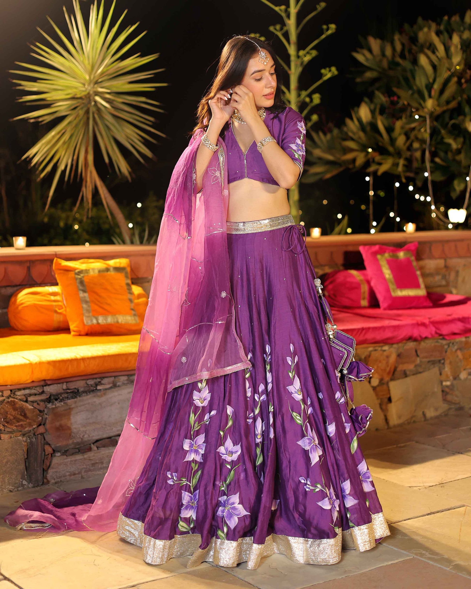 Purple Whisper Handpainted Chanderi Lehenga Set Quick Cart