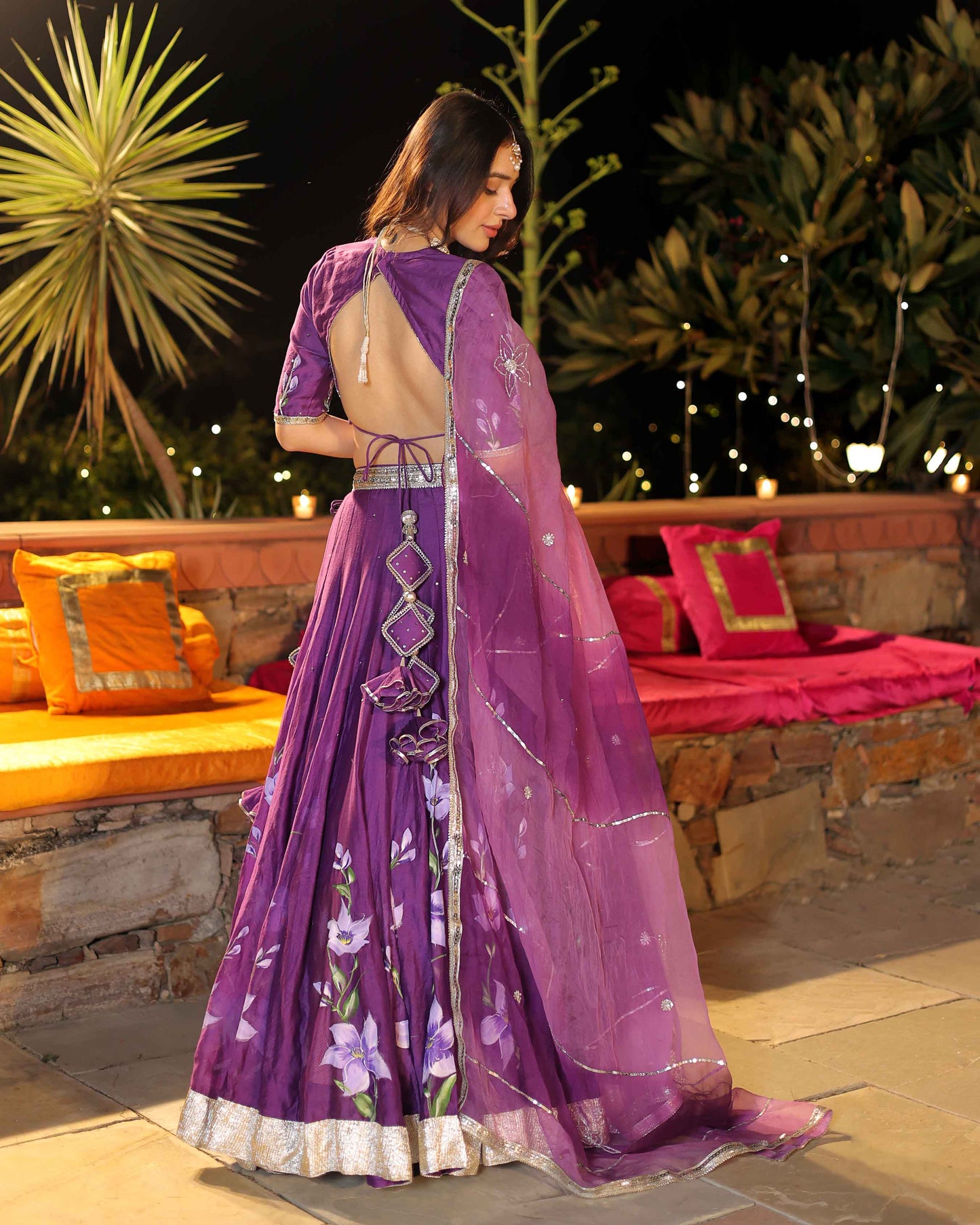 Purple Whisper Handpainted Chanderi Lehenga Set My Store