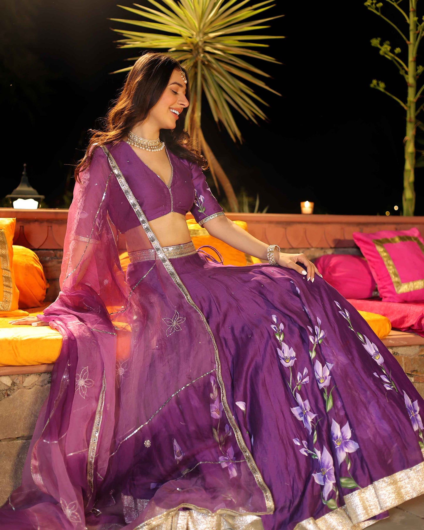 Purple Whisper Handpainted Chanderi Lehenga Set Quick Cart