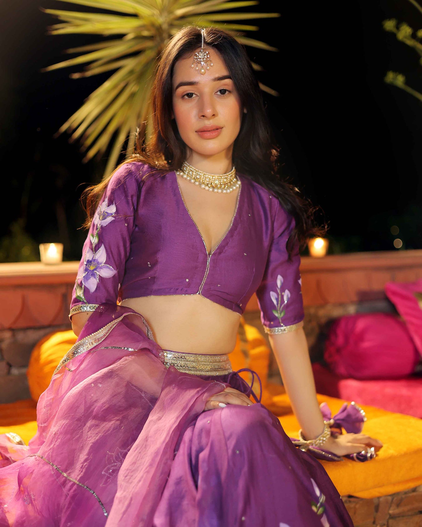 Purple Whisper Handpainted Chanderi Lehenga Set My Store