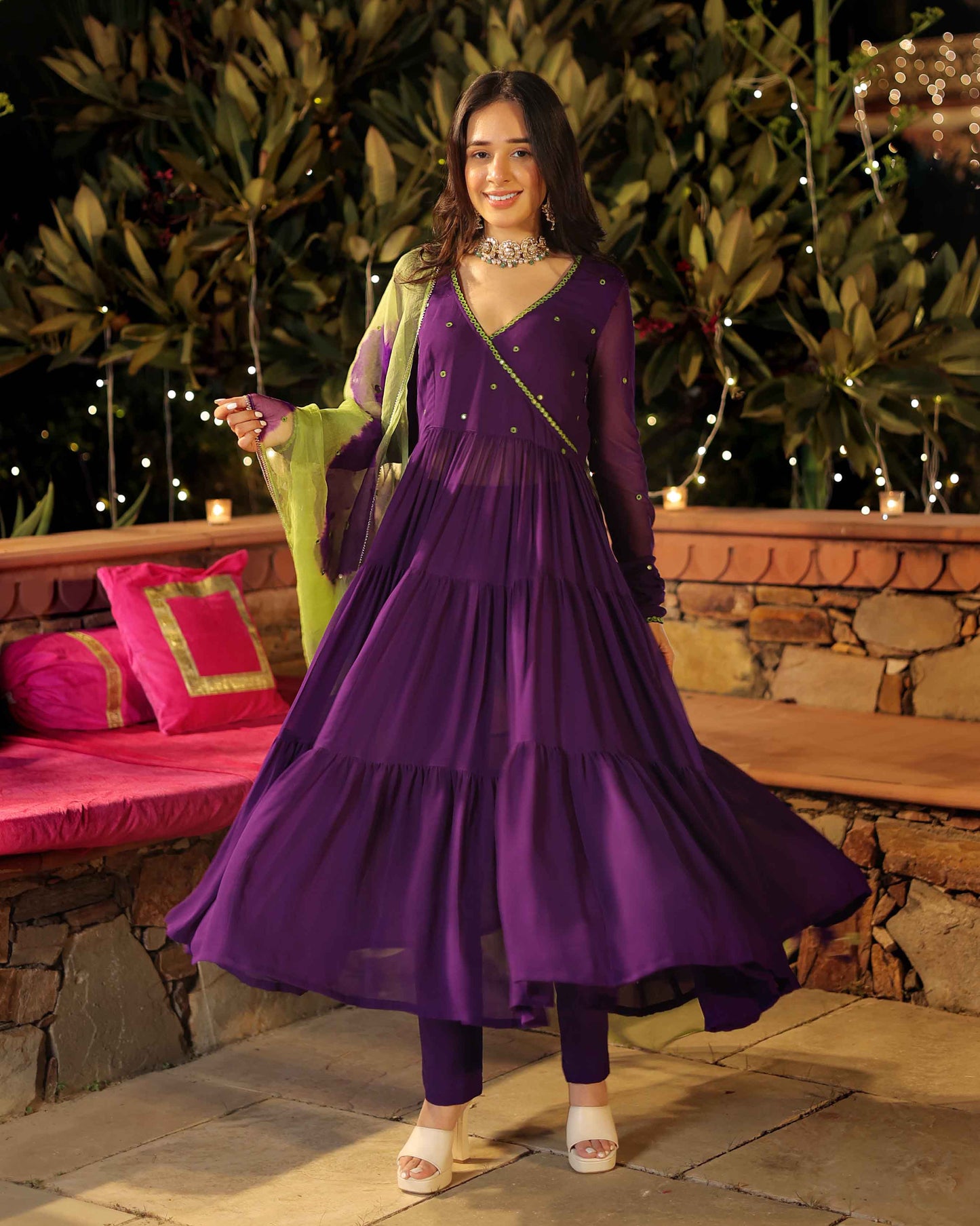 Mystic Mirage Purple Mirror Work Georgette Suit Set Quick Cart
