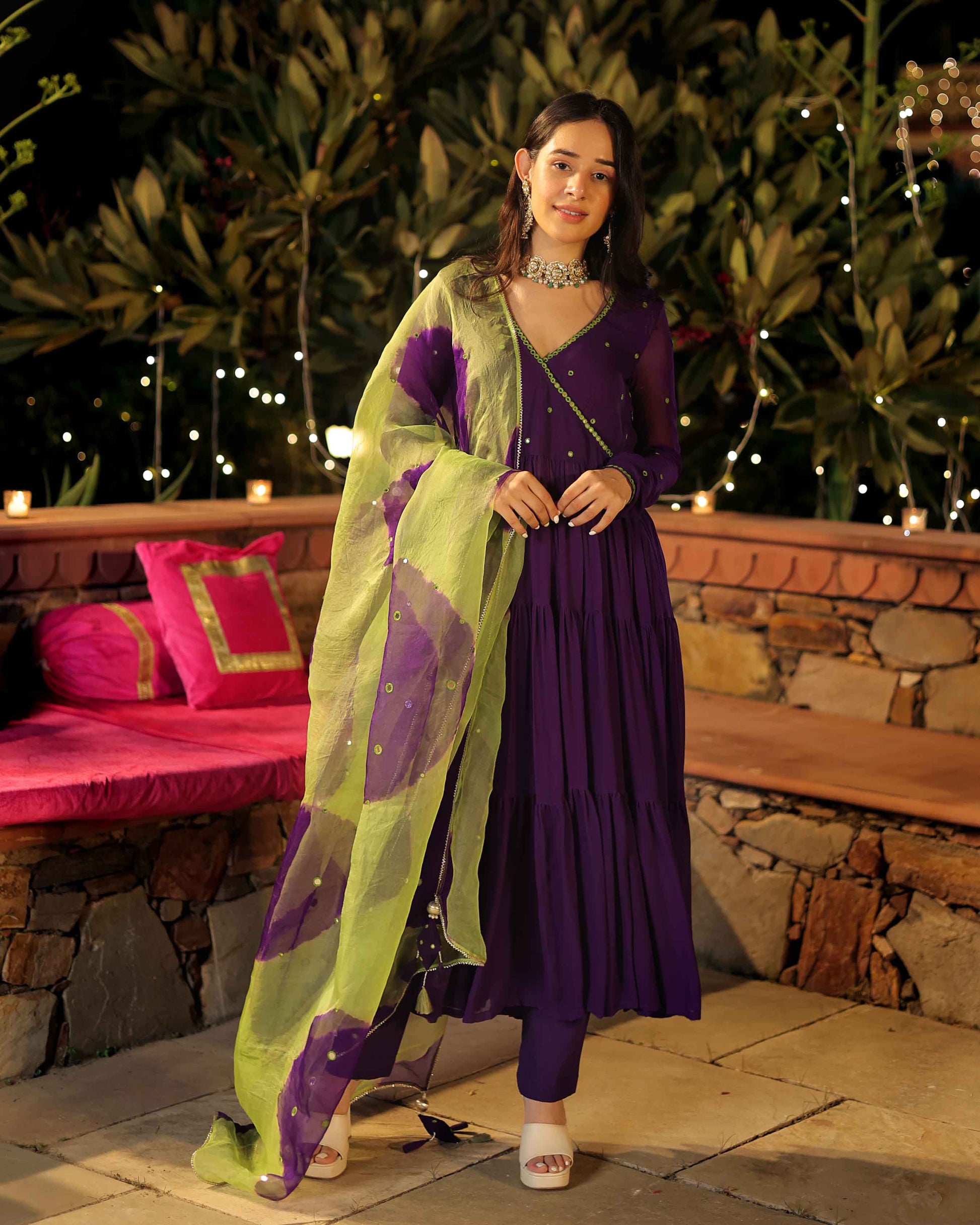 Mystic Mirage Purple Mirror Work Georgette Suit Set Quick Cart