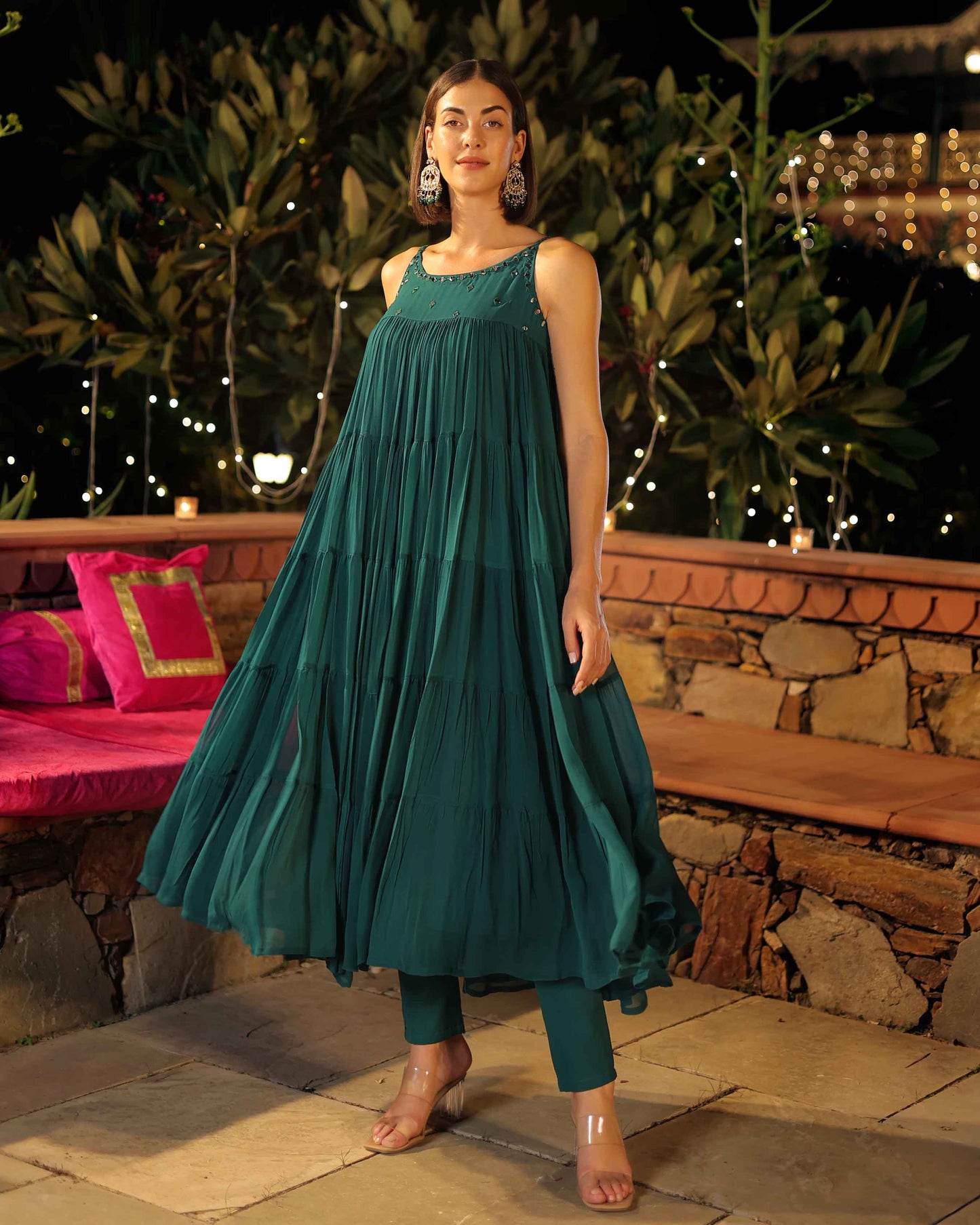 Citrine Green Mirror Work Georgette Kurta Set My Store