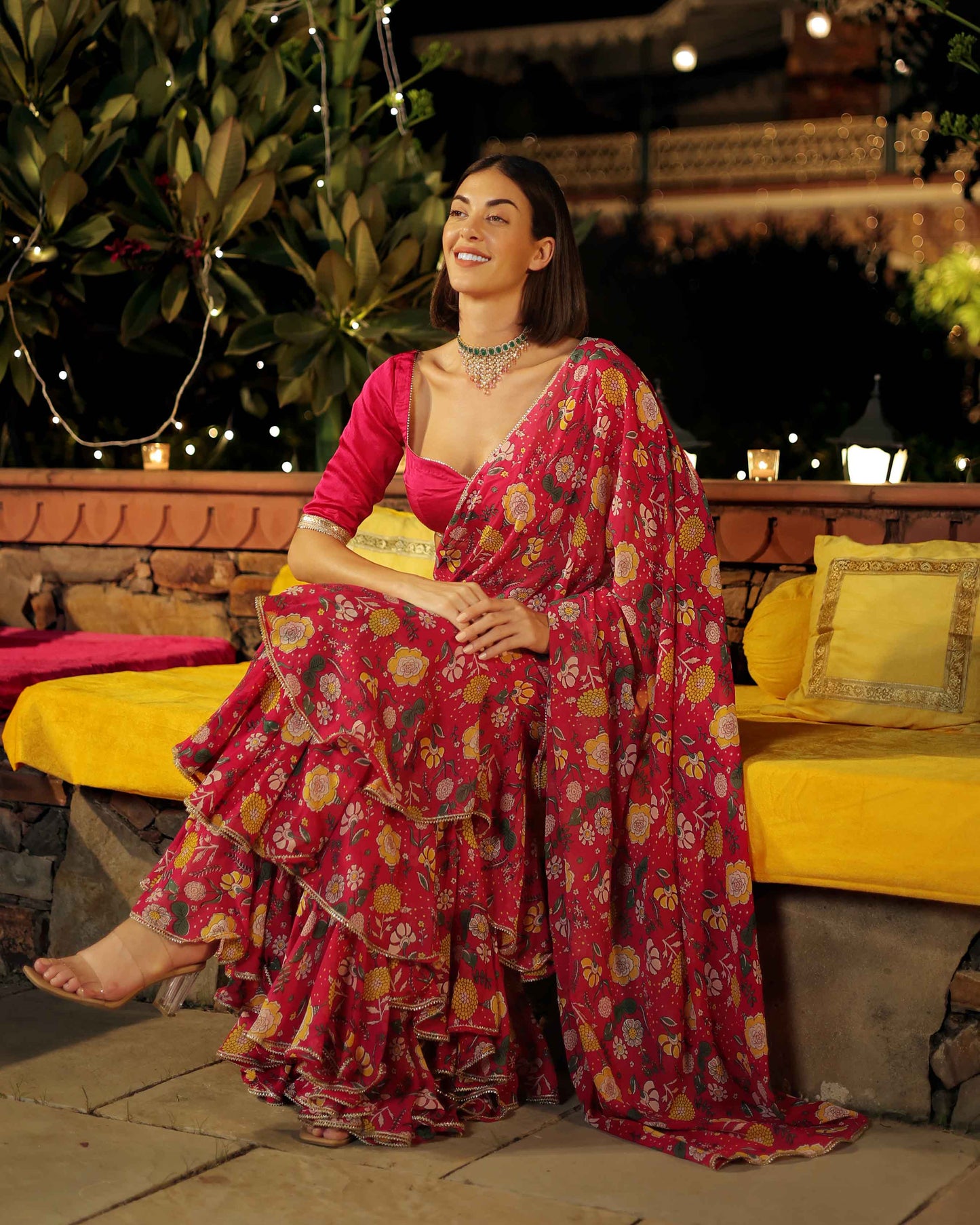 Roseate Radiance Pink Printed Georgette Pre Draped Saree Quick Cart