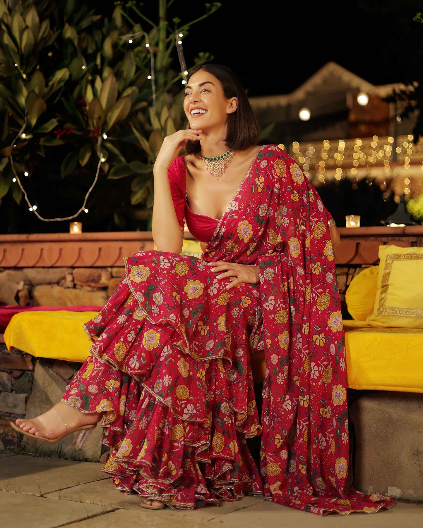 Roseate Radiance Pink Printed Georgette Pre Draped Saree Quick Cart