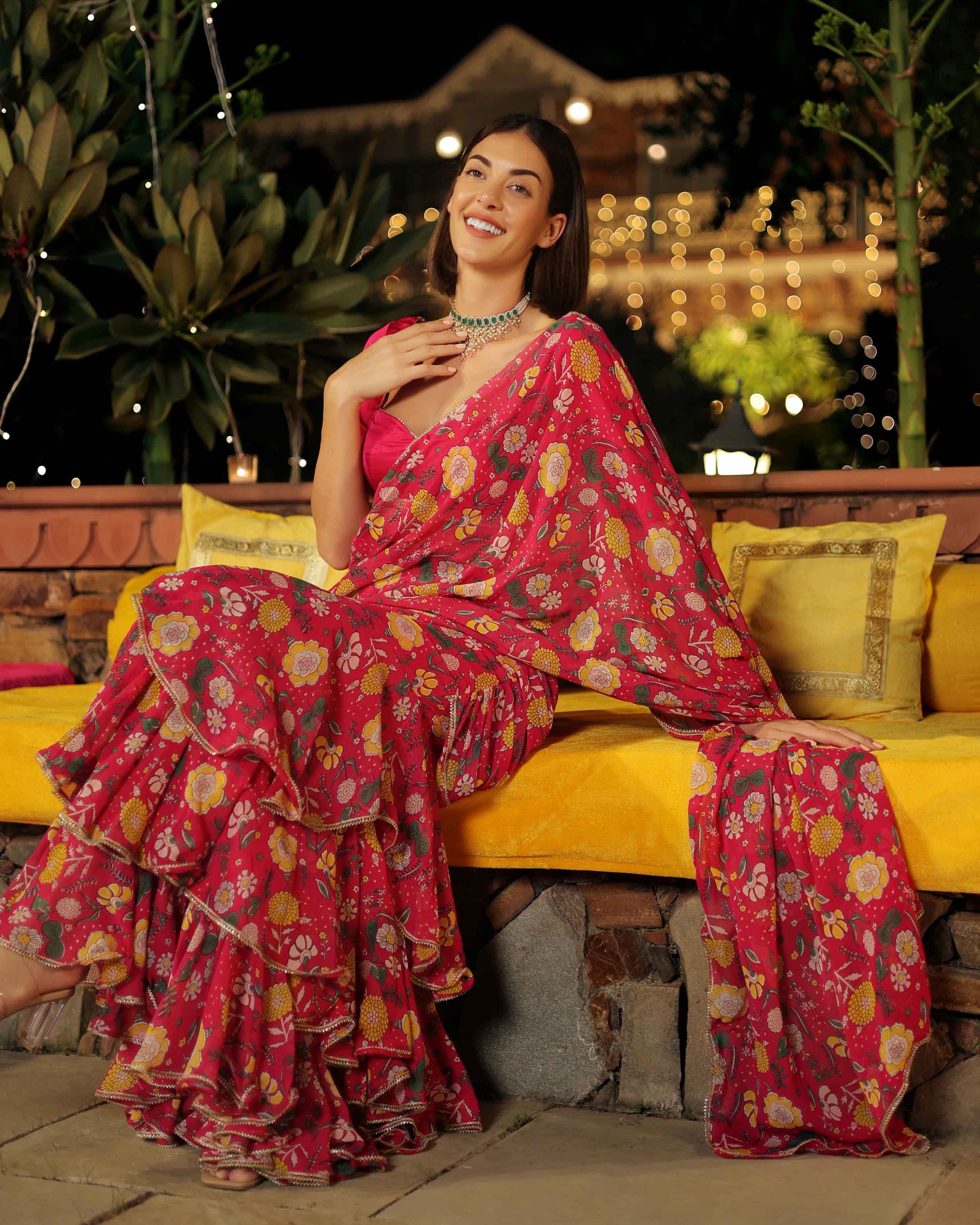 Roseate Radiance Pink Printed Georgette Pre Draped Saree My Store