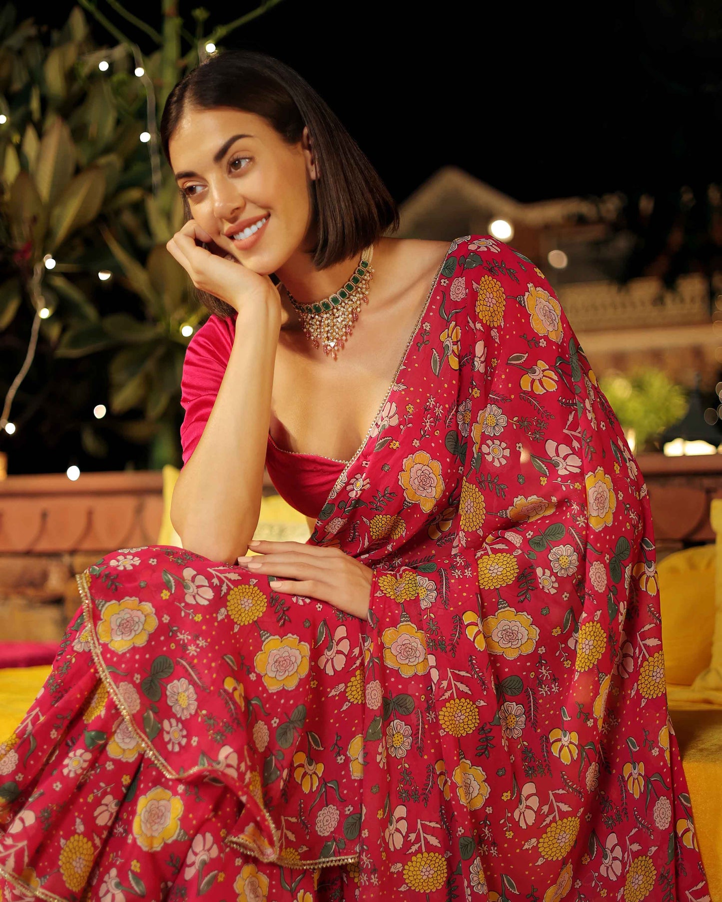 Roseate Radiance Pink Printed Georgette Pre Draped Saree Quick Cart