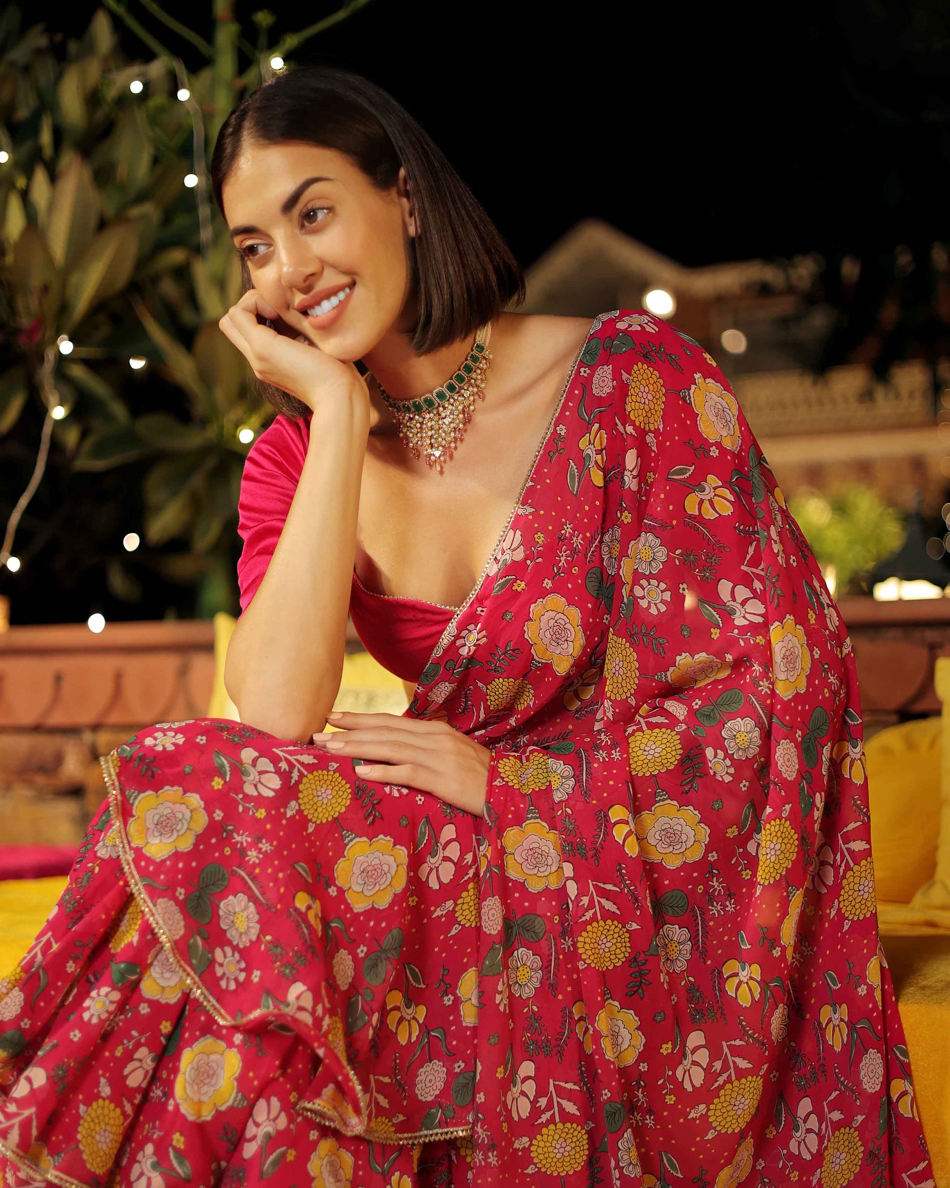 Roseate Radiance Pink Printed Georgette Pre Draped Saree Quick Cart