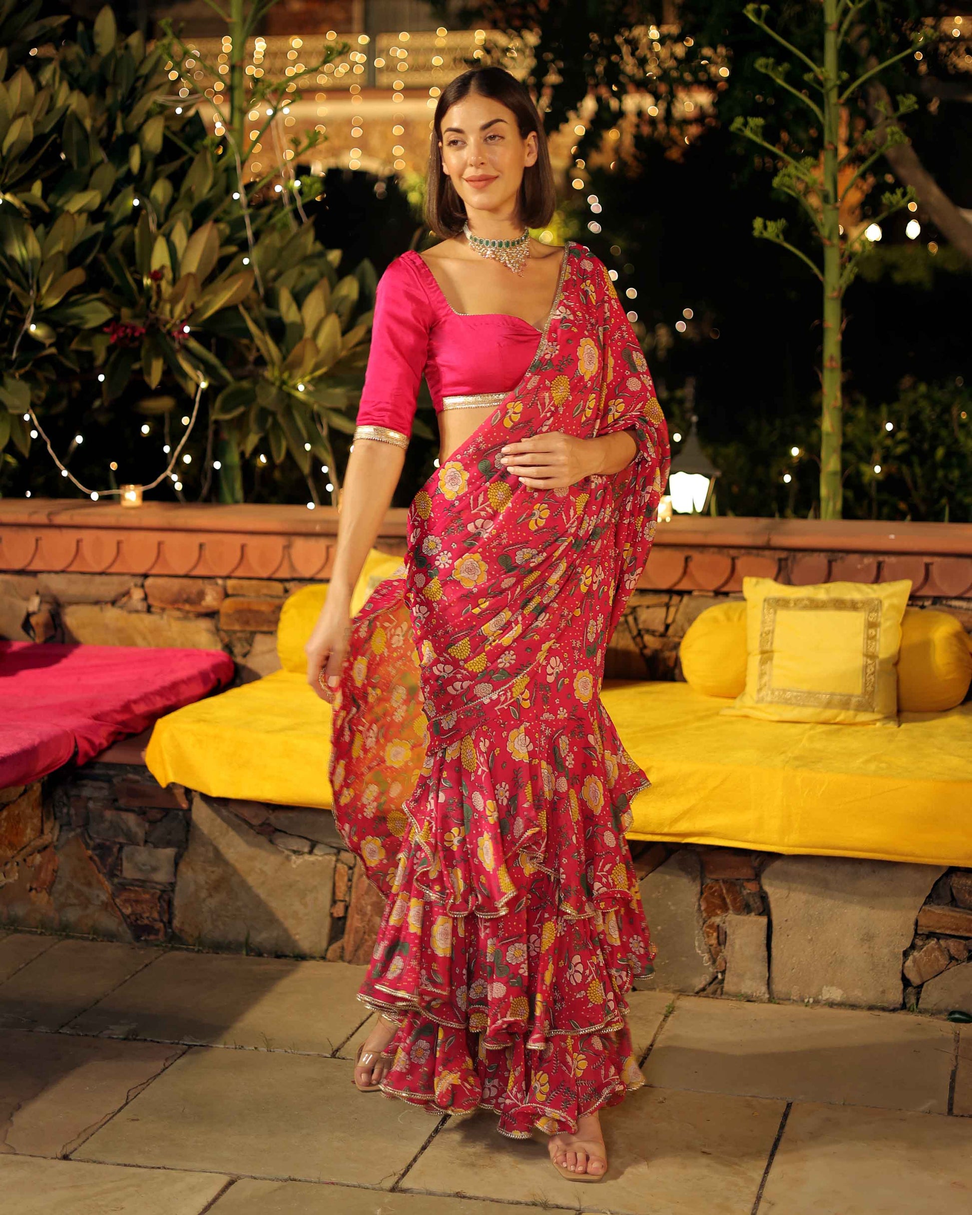 Roseate Radiance Pink Printed Georgette Pre Draped Saree My Store