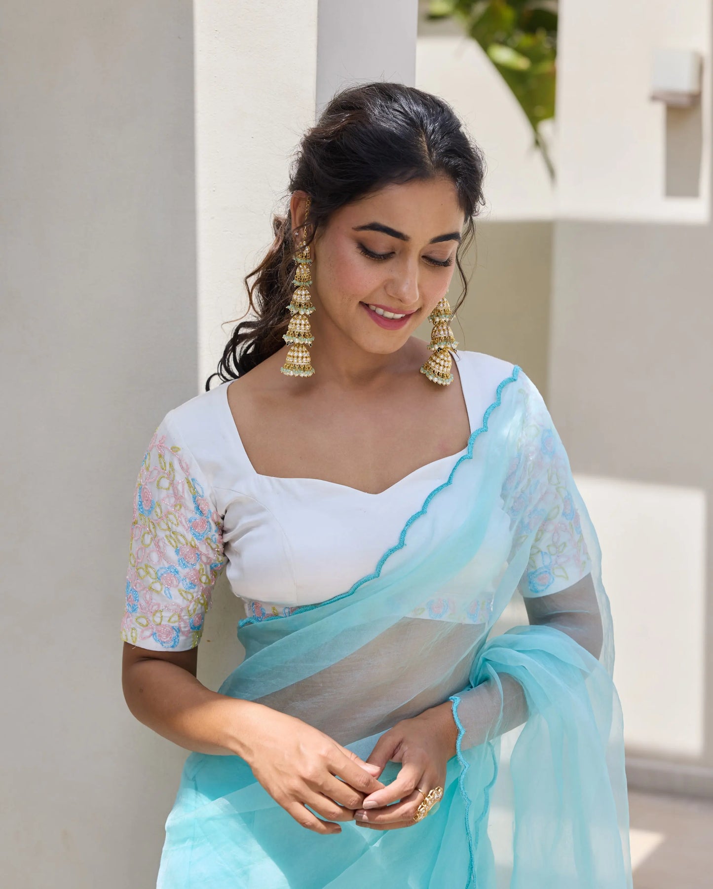 Meadow Whisper White Chanderi Embroidered Blouse My Store