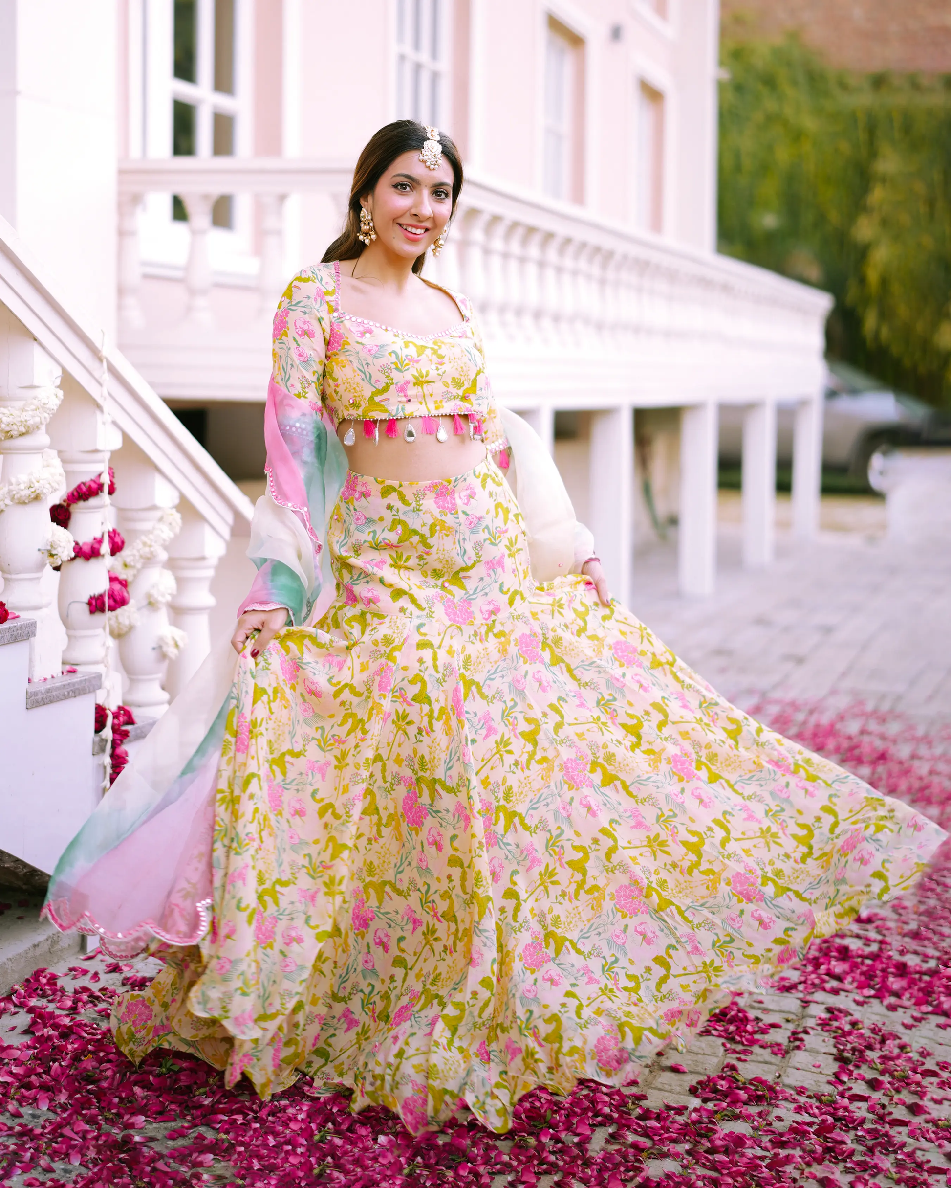 Vidari Cream Printed Organza Lehenga Set My Store