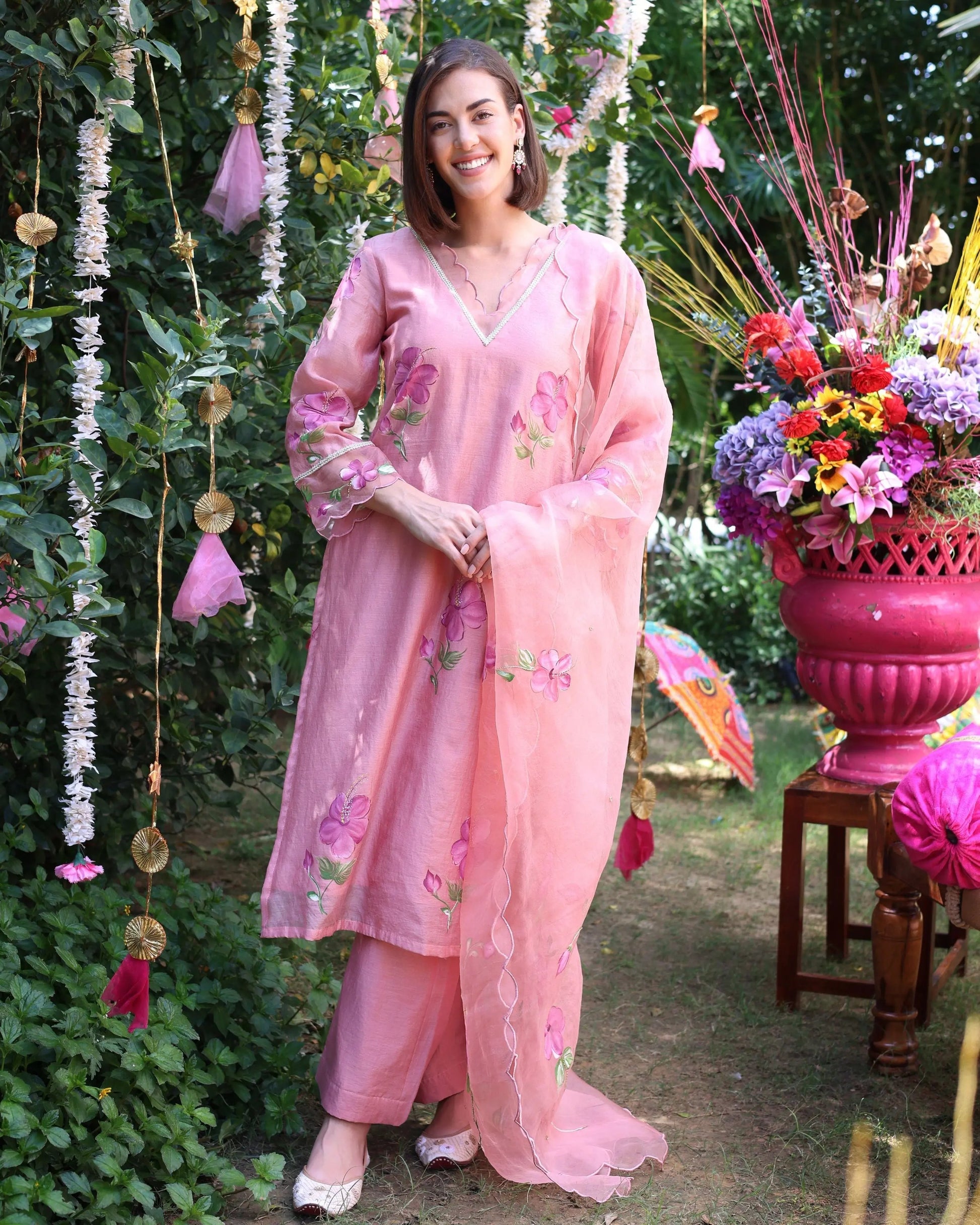 Peach Dream Handpainted Chanderi Suit Set My Store