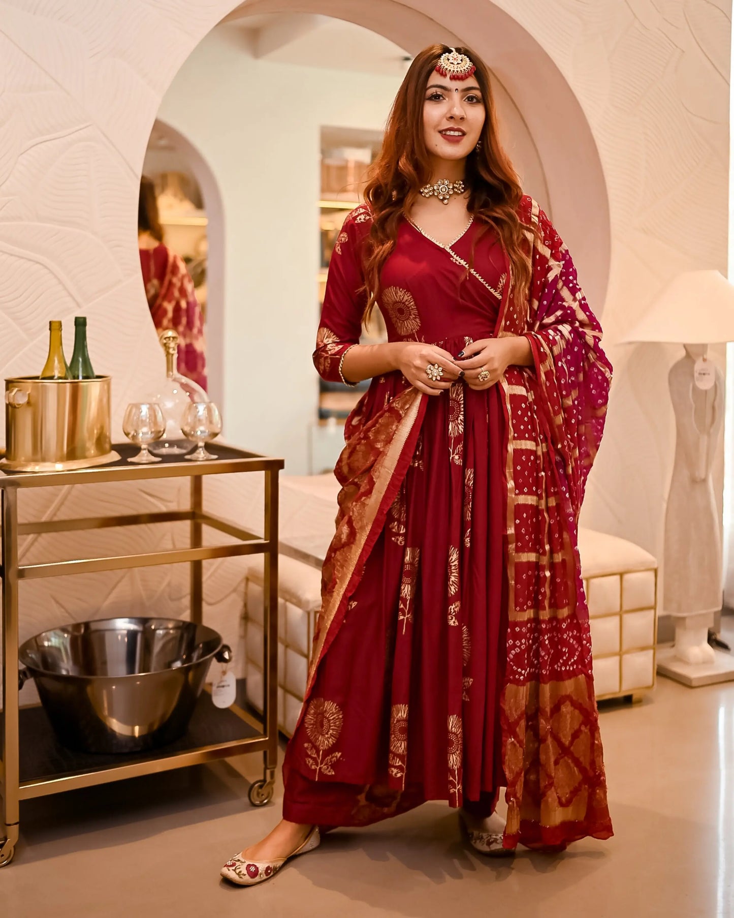 Maroon Angrakha Bandhej Suit Set My Store