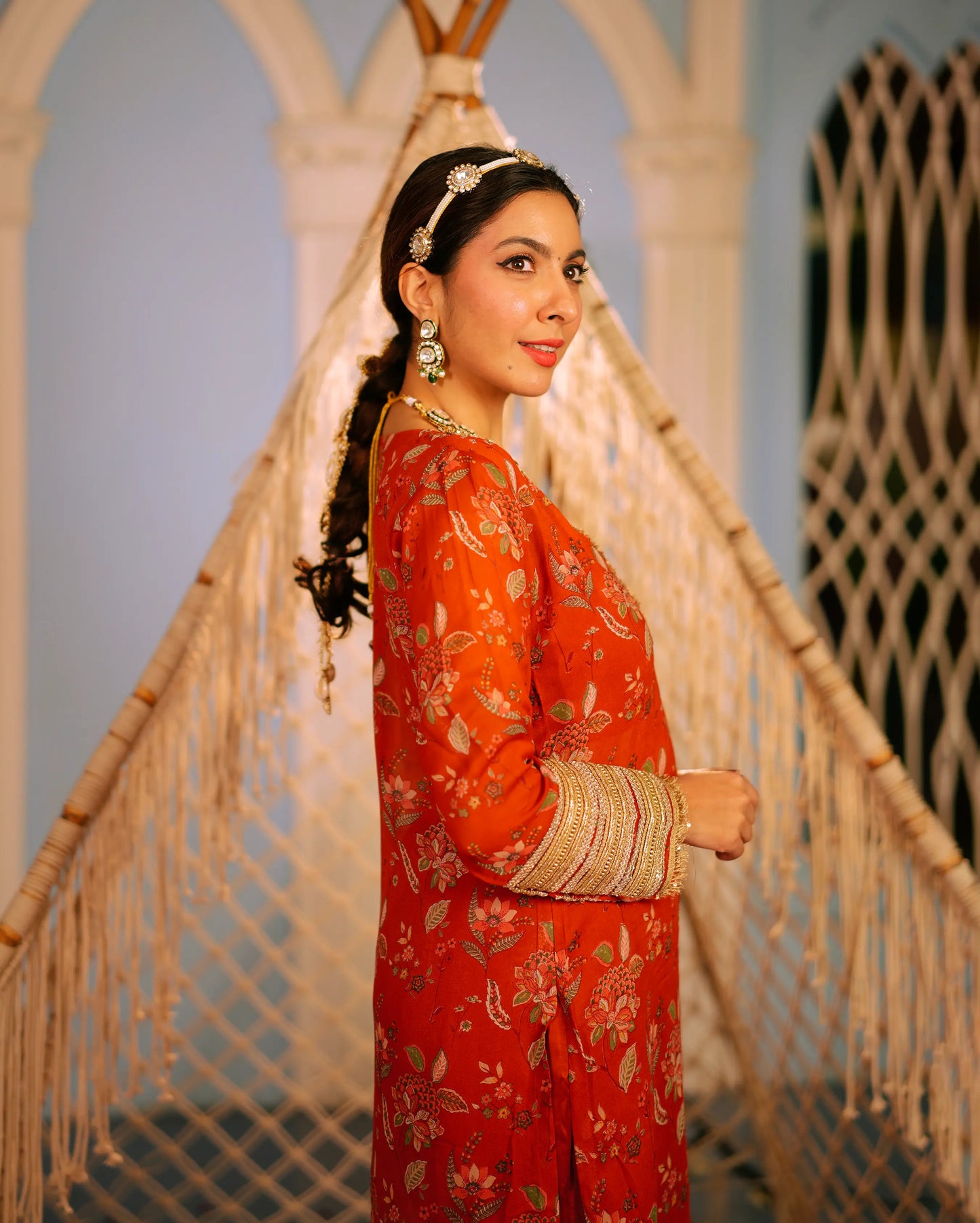 Veda Orange Printed Georgette Kurta Set My Store