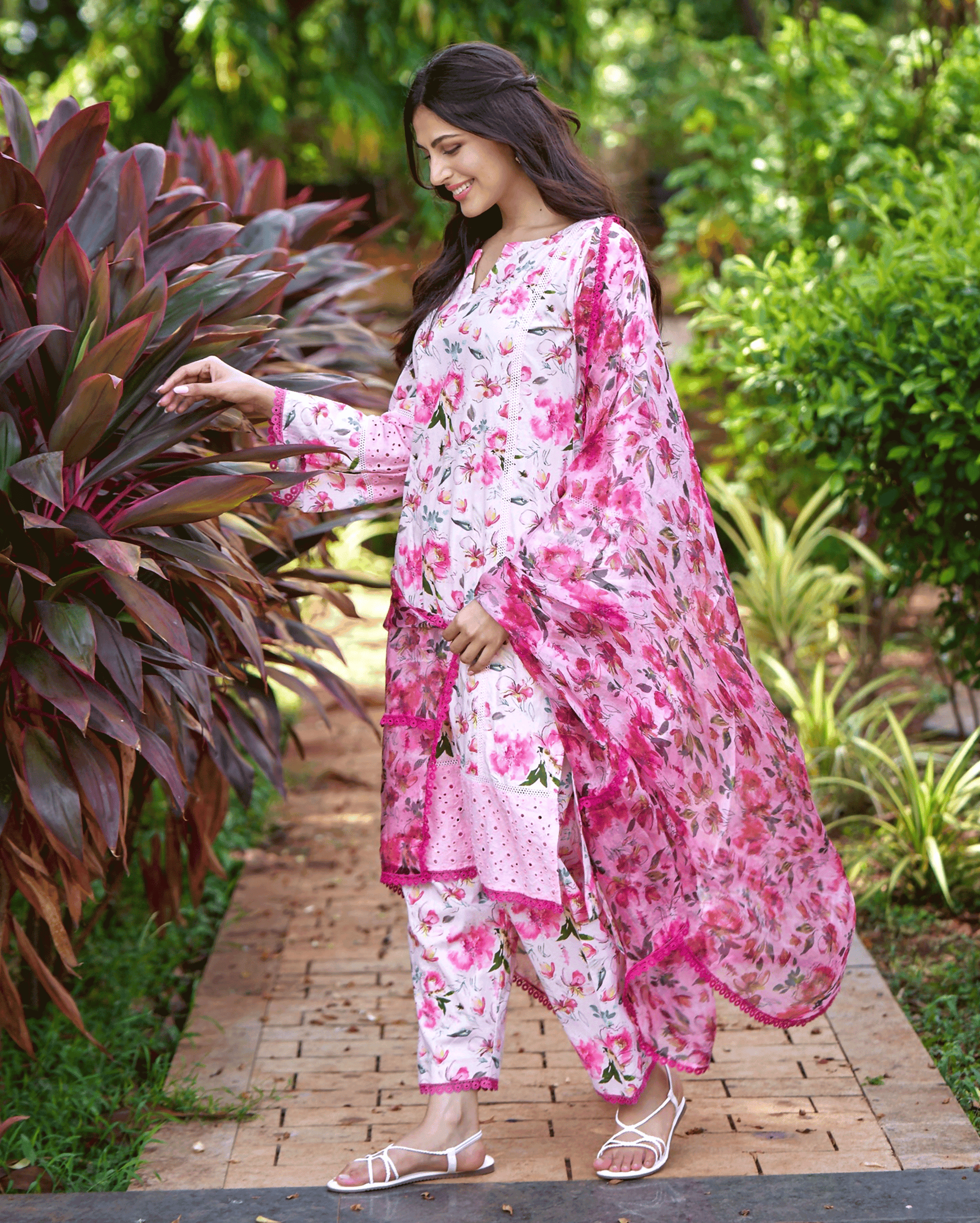 Plumeria Pink Printed Cotton Suit Set My Store
