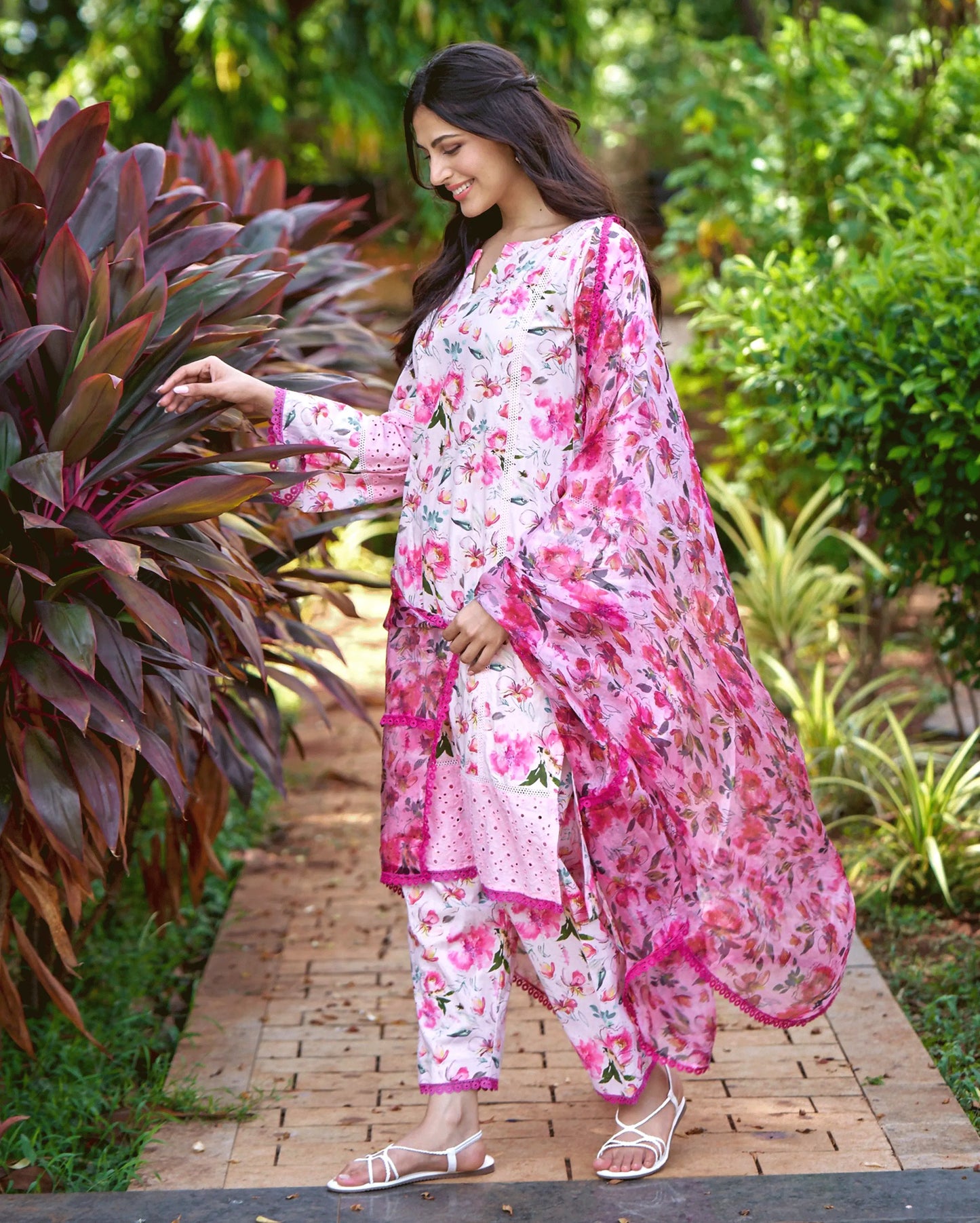 Plumeria Pink Printed Cotton Suit Set My Store