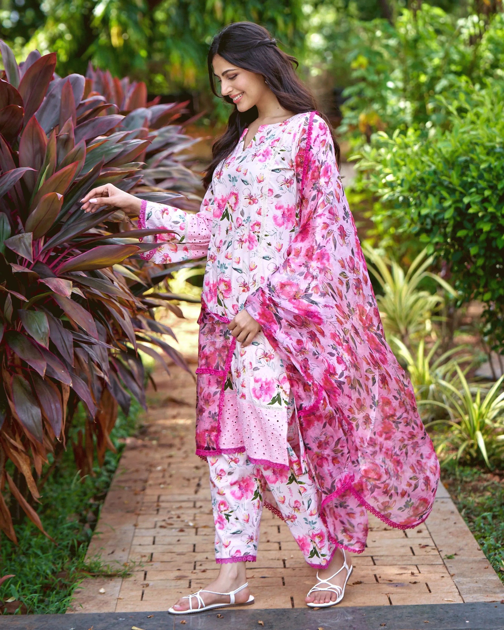 Plumeria Pink Printed Cotton Suit Set My Store