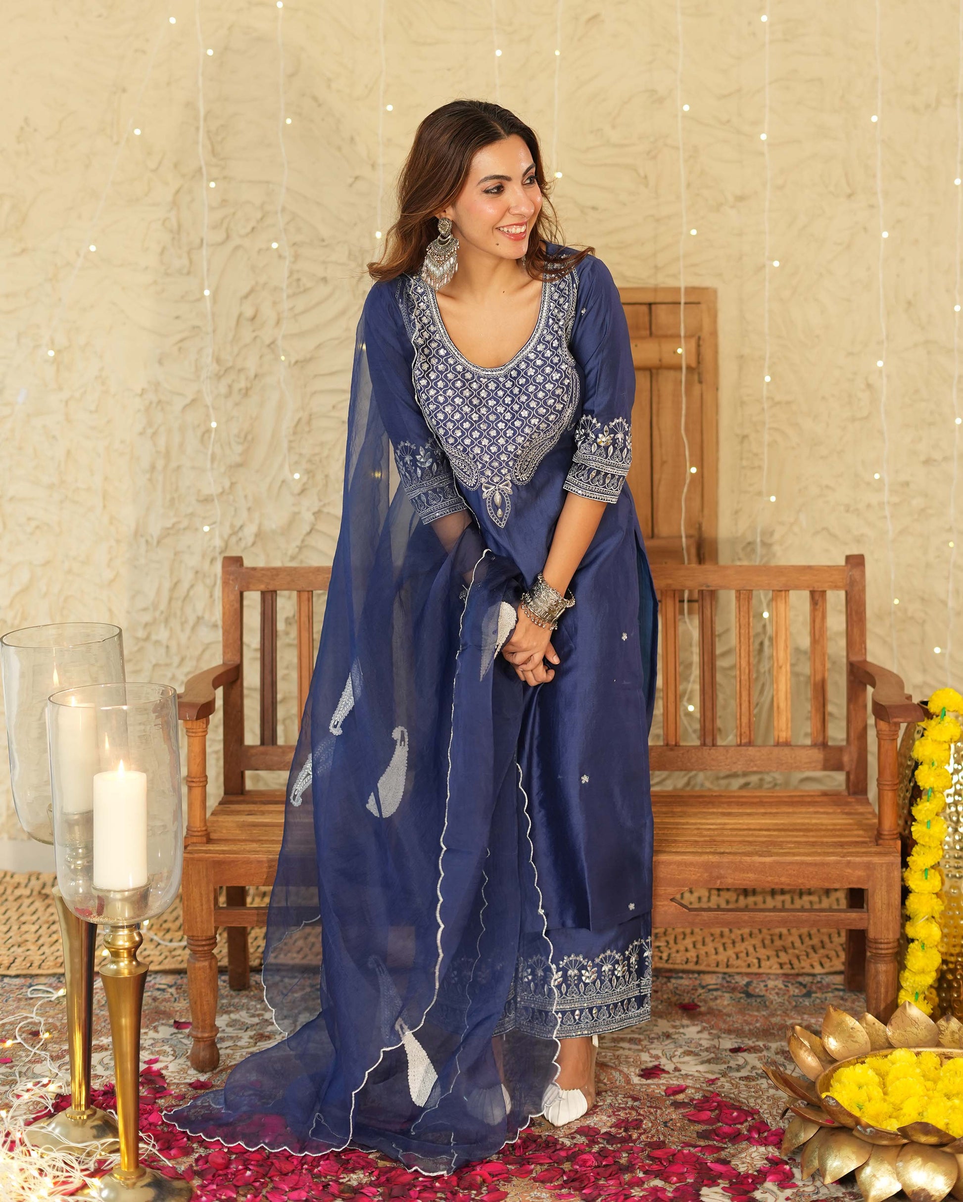 Tejaswi Blue Embroidered Chanderi Suit Set My Store