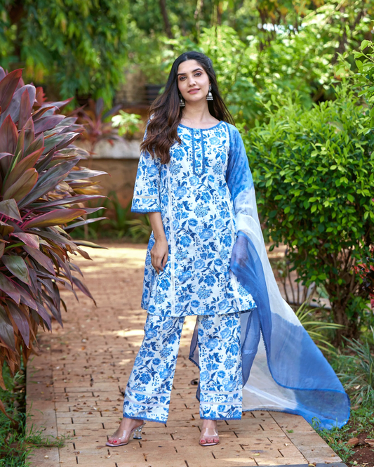 Fresh Blue Printed Cotton Suit Set My Store