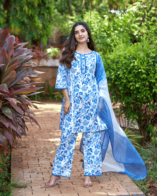 Fresh Blue Printed Cotton Suit Set My Store