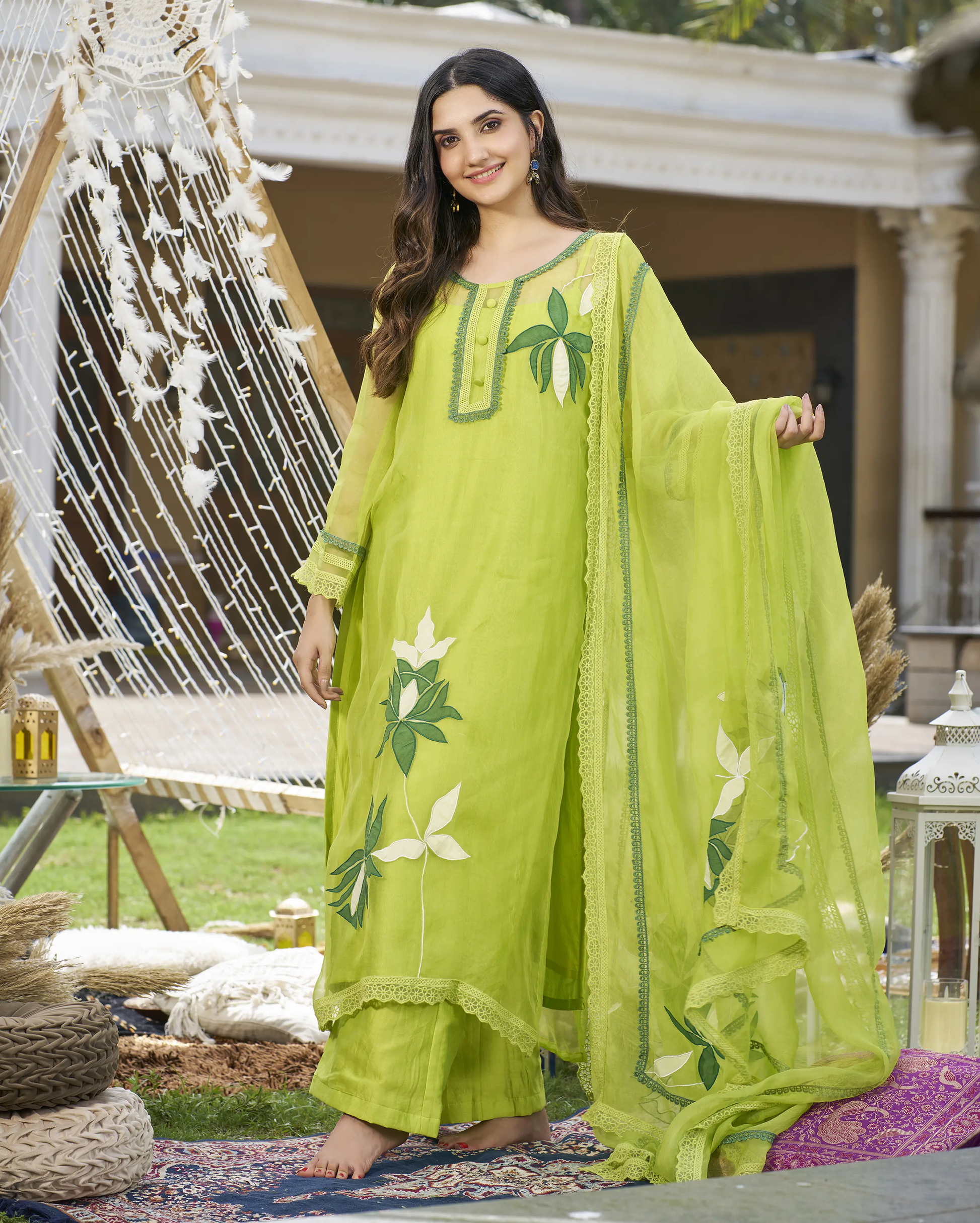 Daai Neon Green Applique Organza Kurta Set My Store