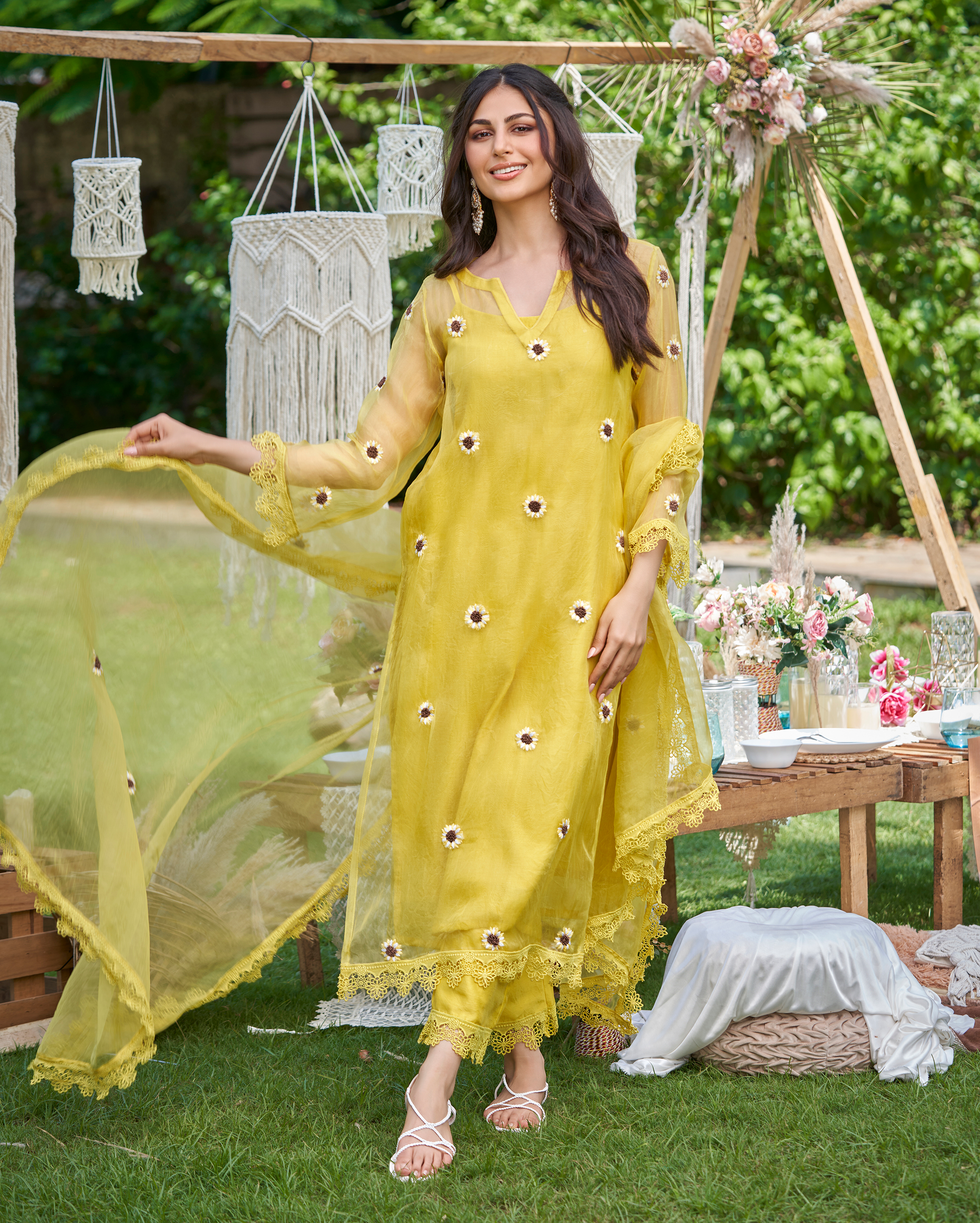 Murat Yellow Embroidered Organza Kurta Set Quick Cart