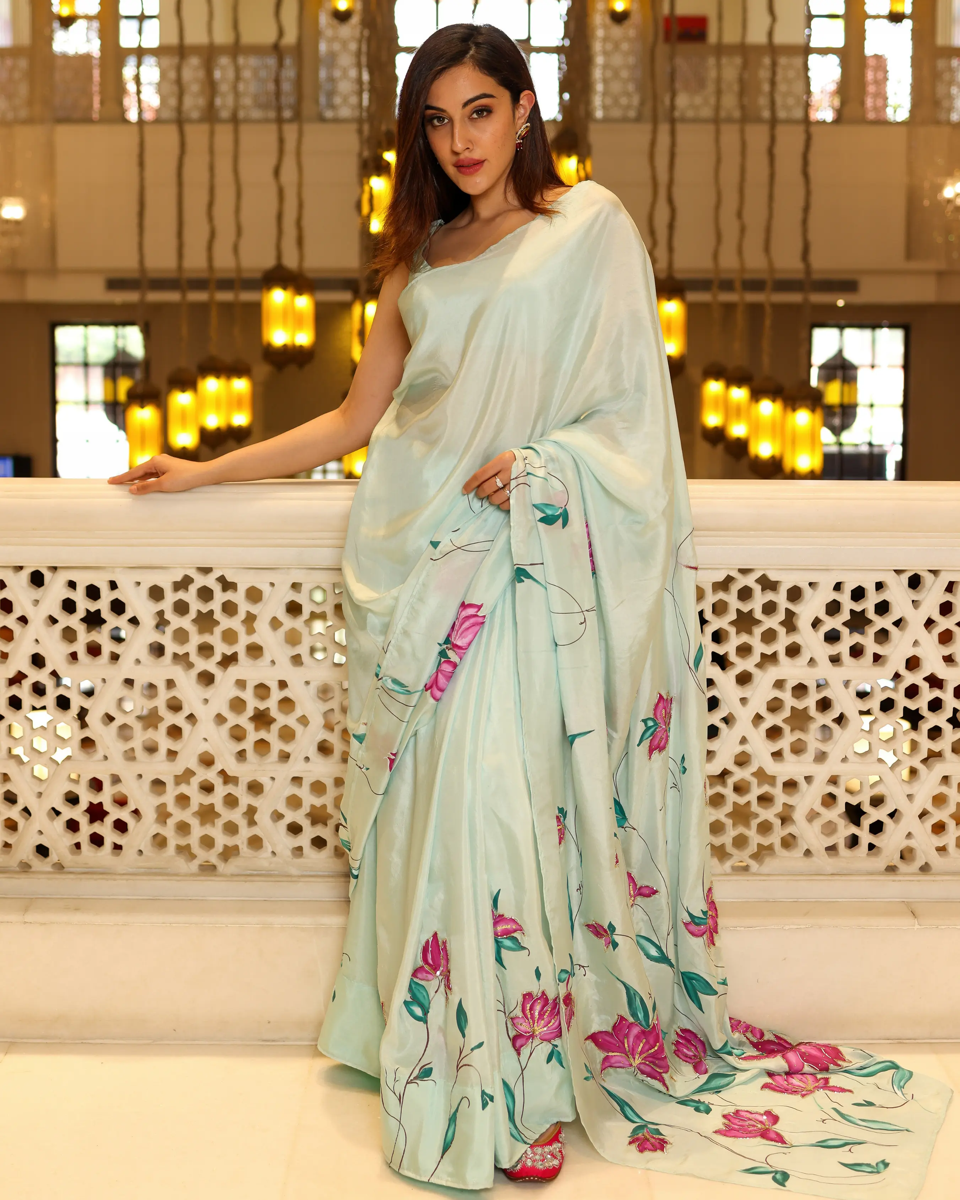 Green Cardamom Handpainted Silk Saree My Store