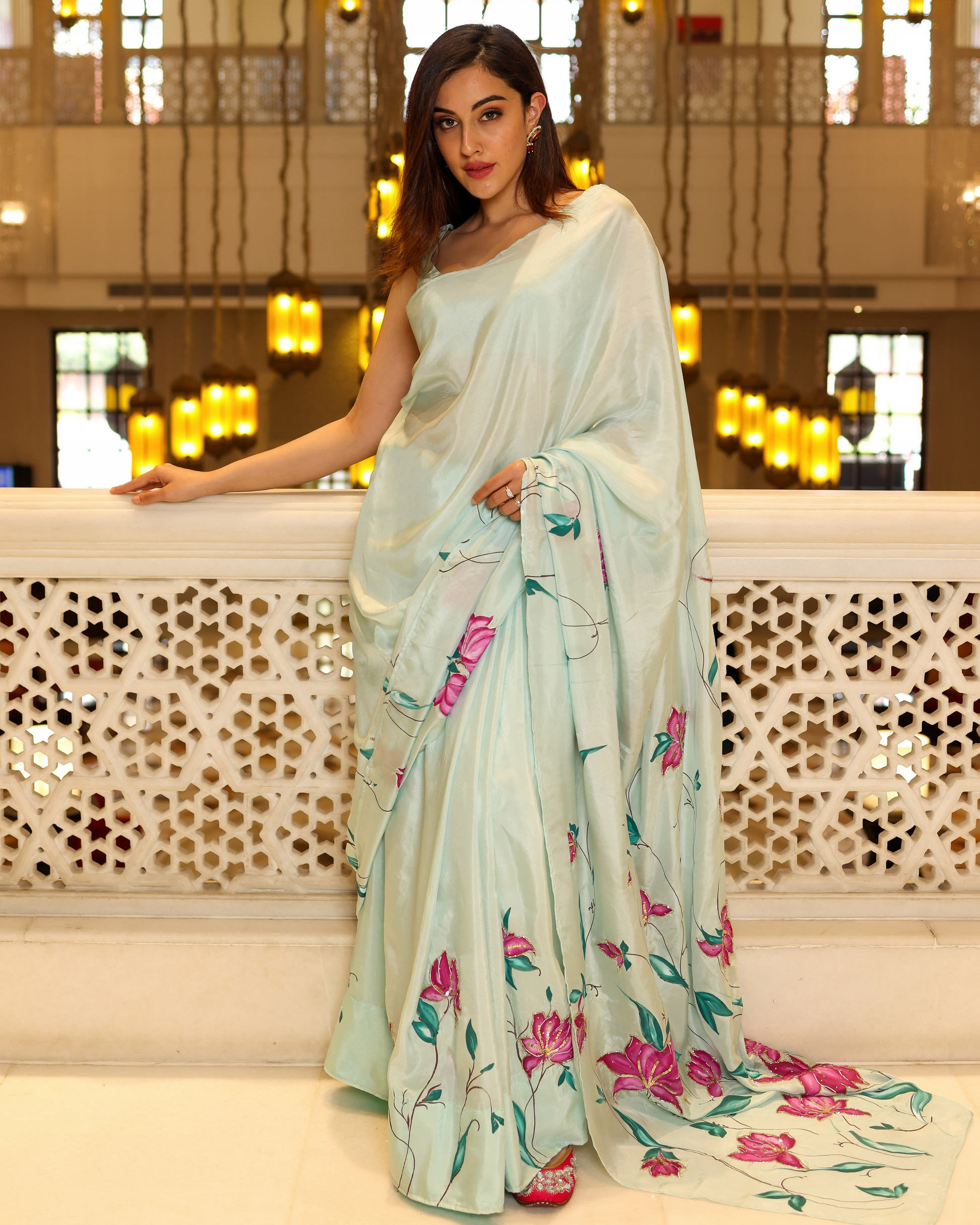 Green Cardamom Handpainted Silk Saree My Store