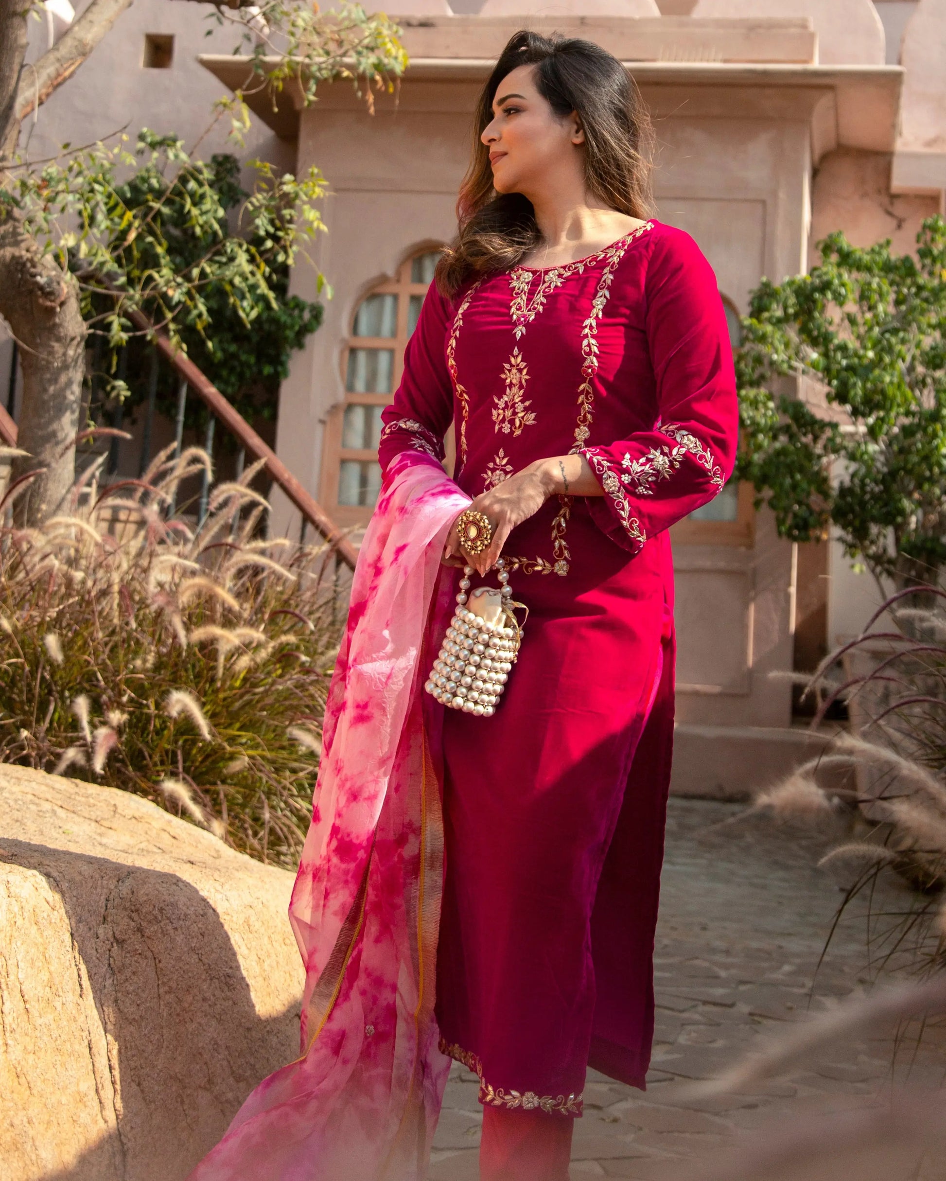 Pink Paradise Velvet Handcrafted Suit Set My Store