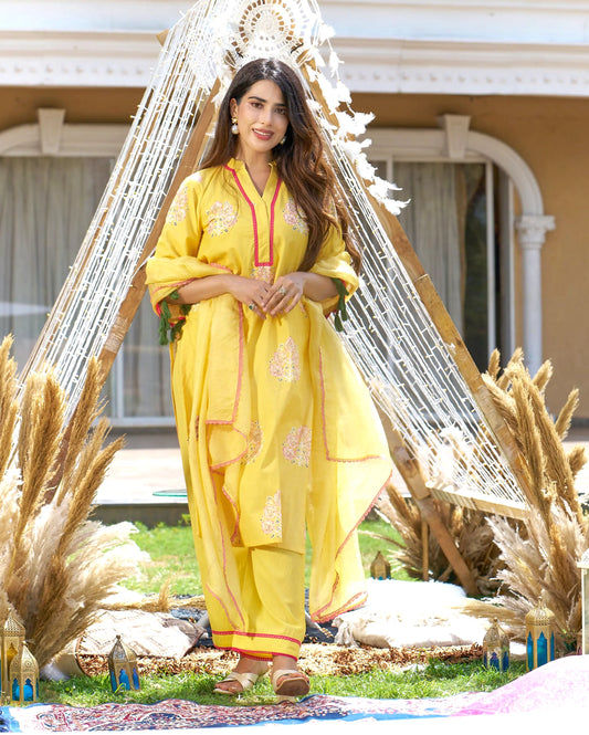 Trishika Yellow Printed Cotton Suit Set My Store